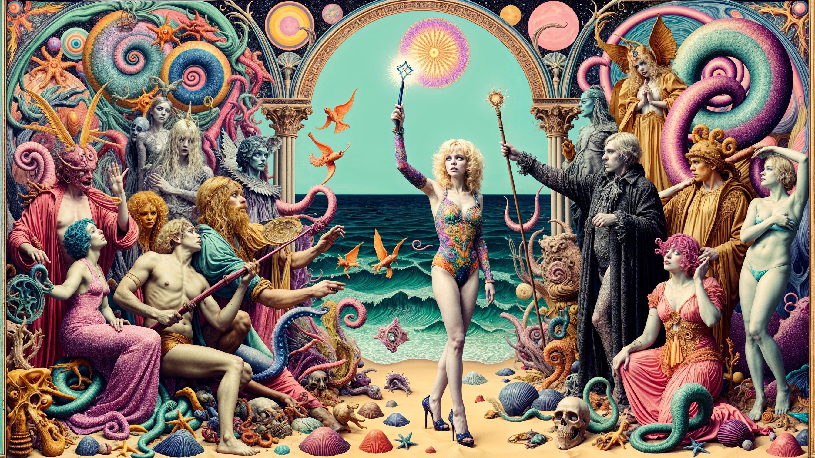 Surreal Beach Scene with Mythical Creatures and Color