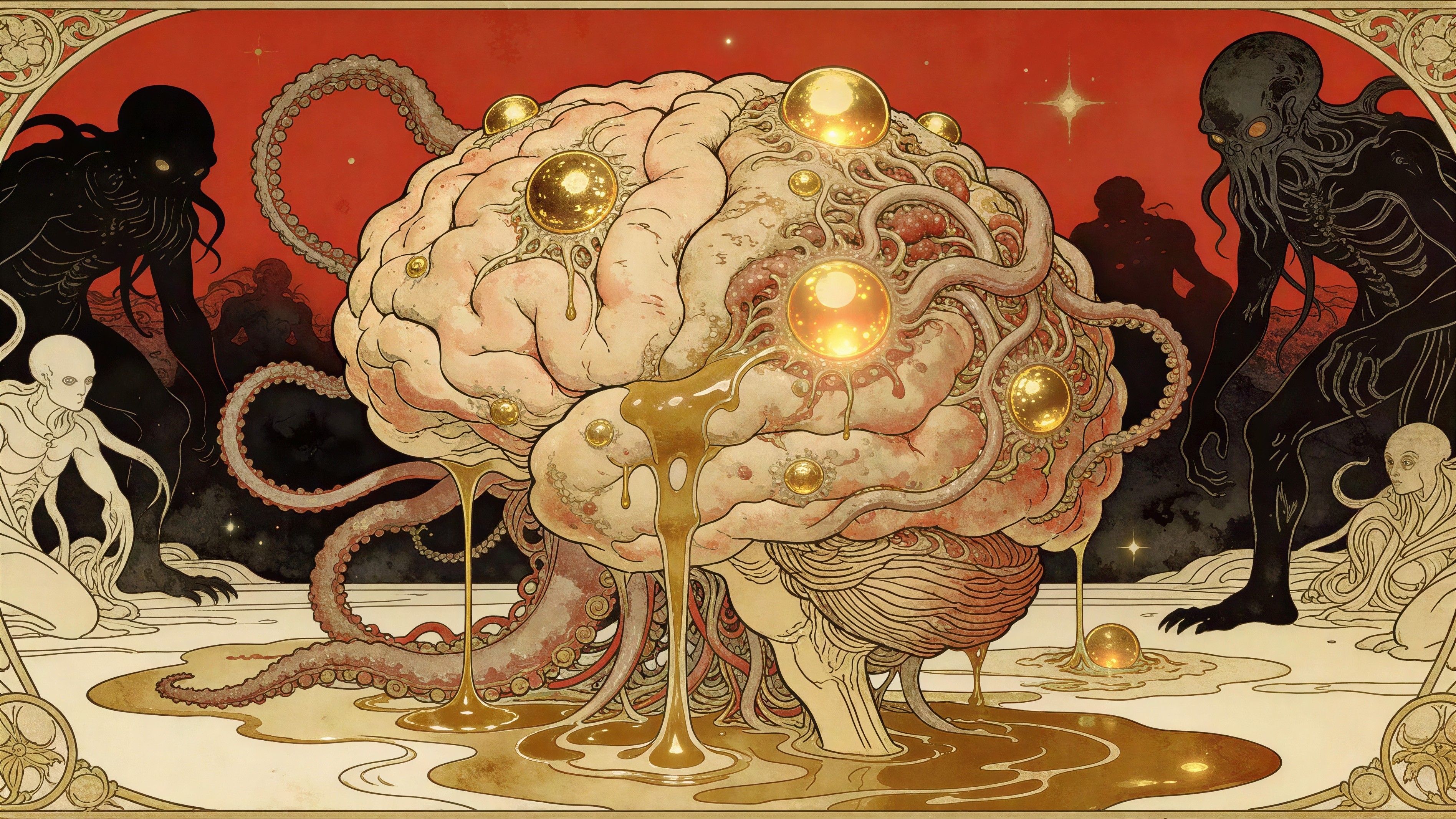 Digital Illustration of a Pink Brain with Tentacles