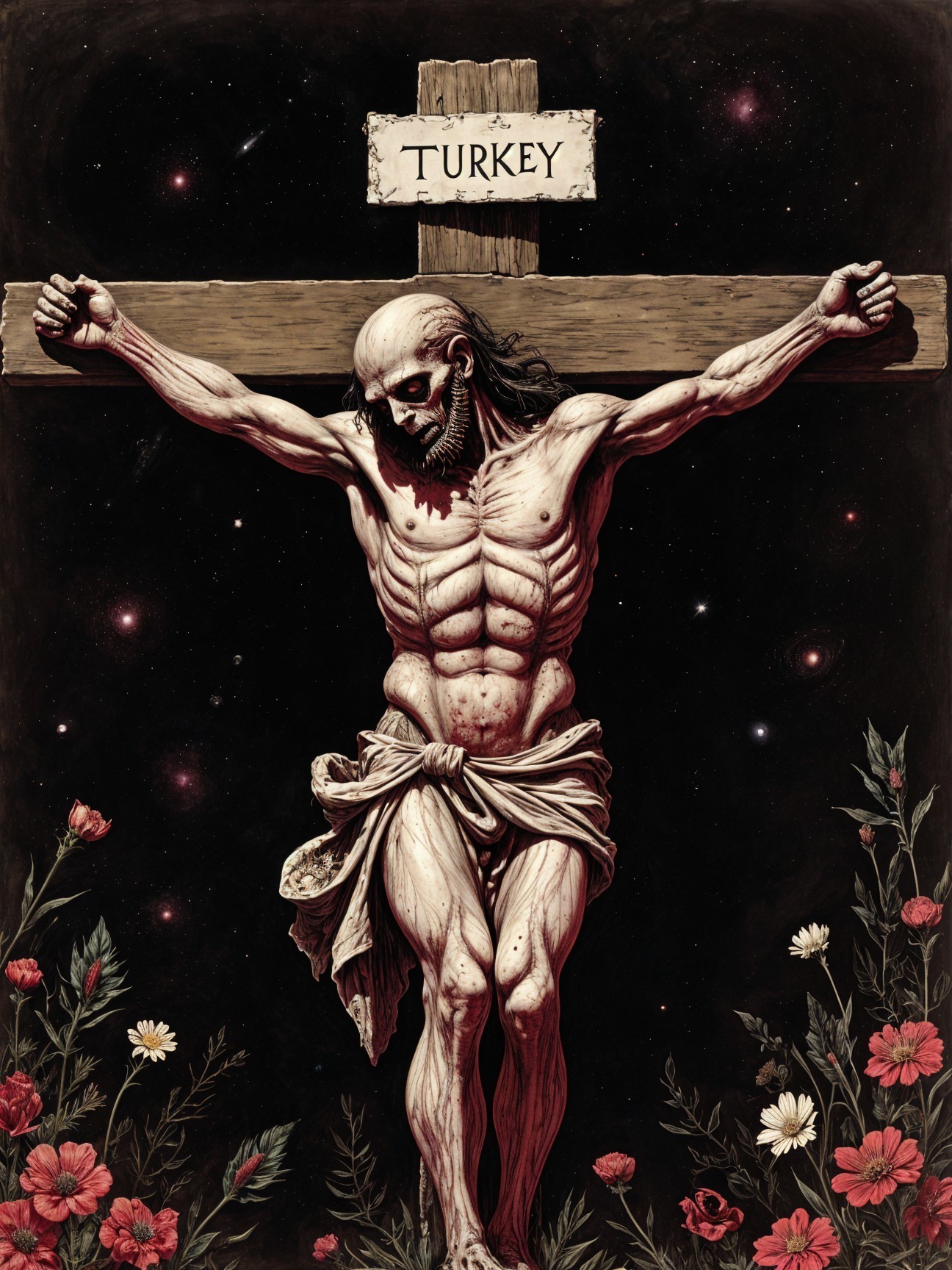 Skeletal Figure on Cross Surrounded by Flowers