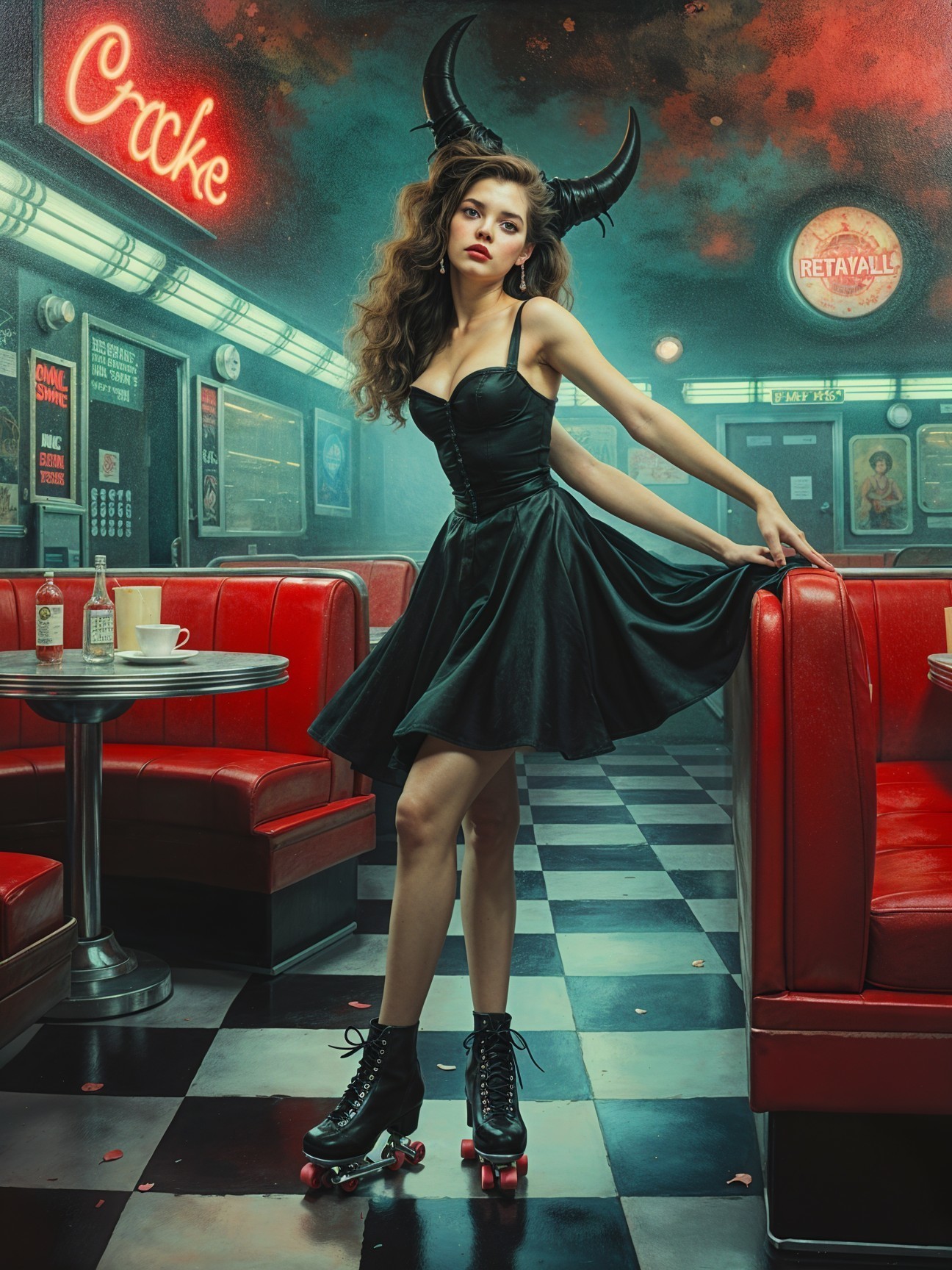 Stylish Young Woman in Black Dress at Retro Diner