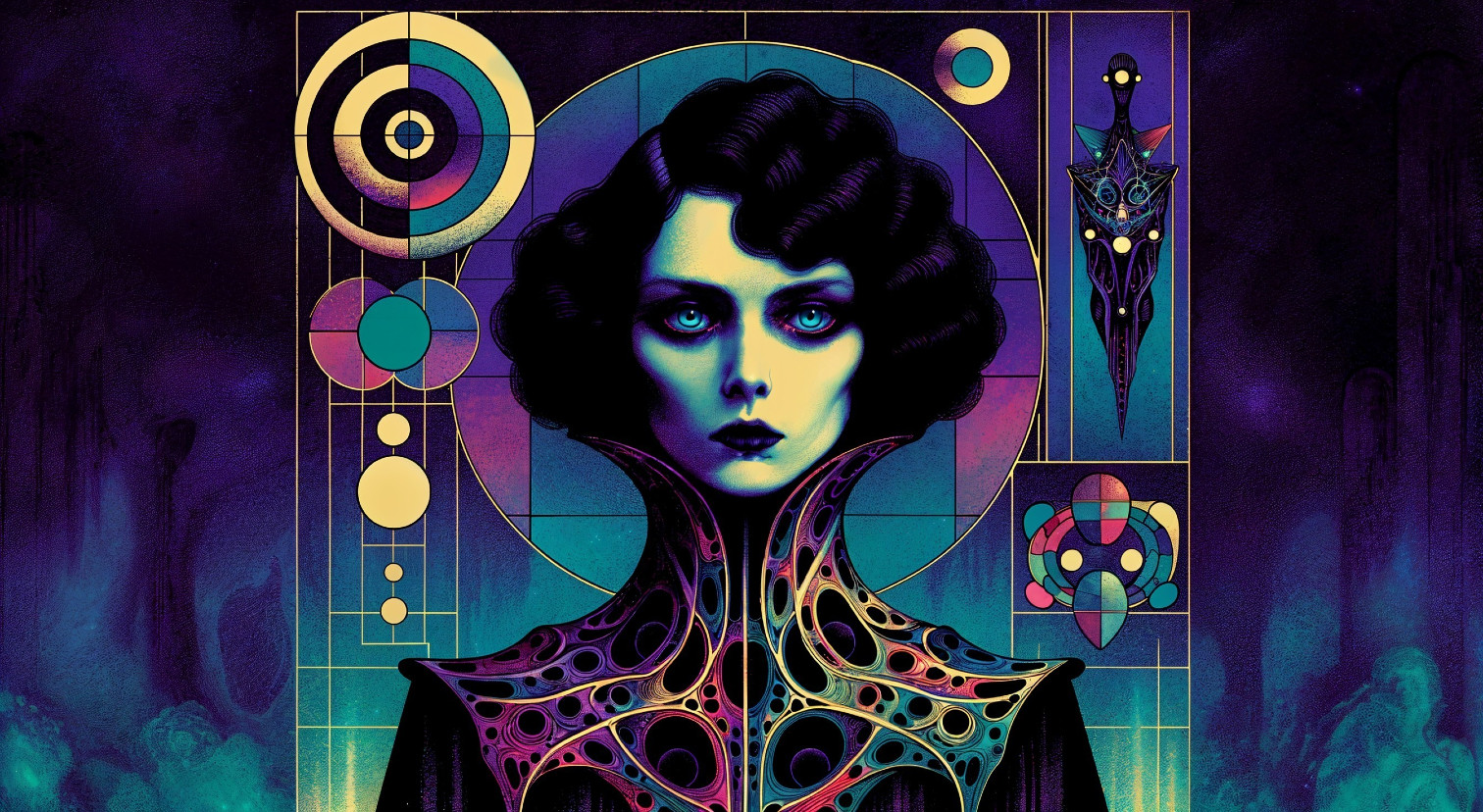 Stylized Female Figure with Colorful Patterns and Shapes
