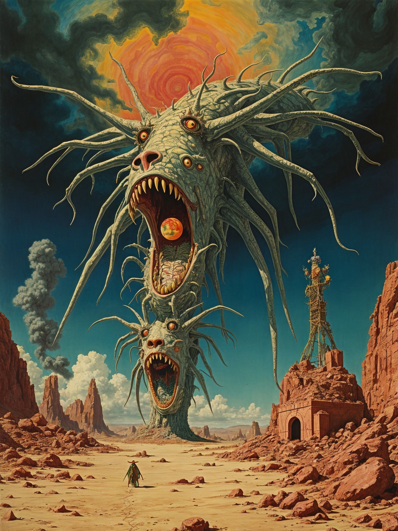 Surreal Landscape with Colossal Serpent Heads