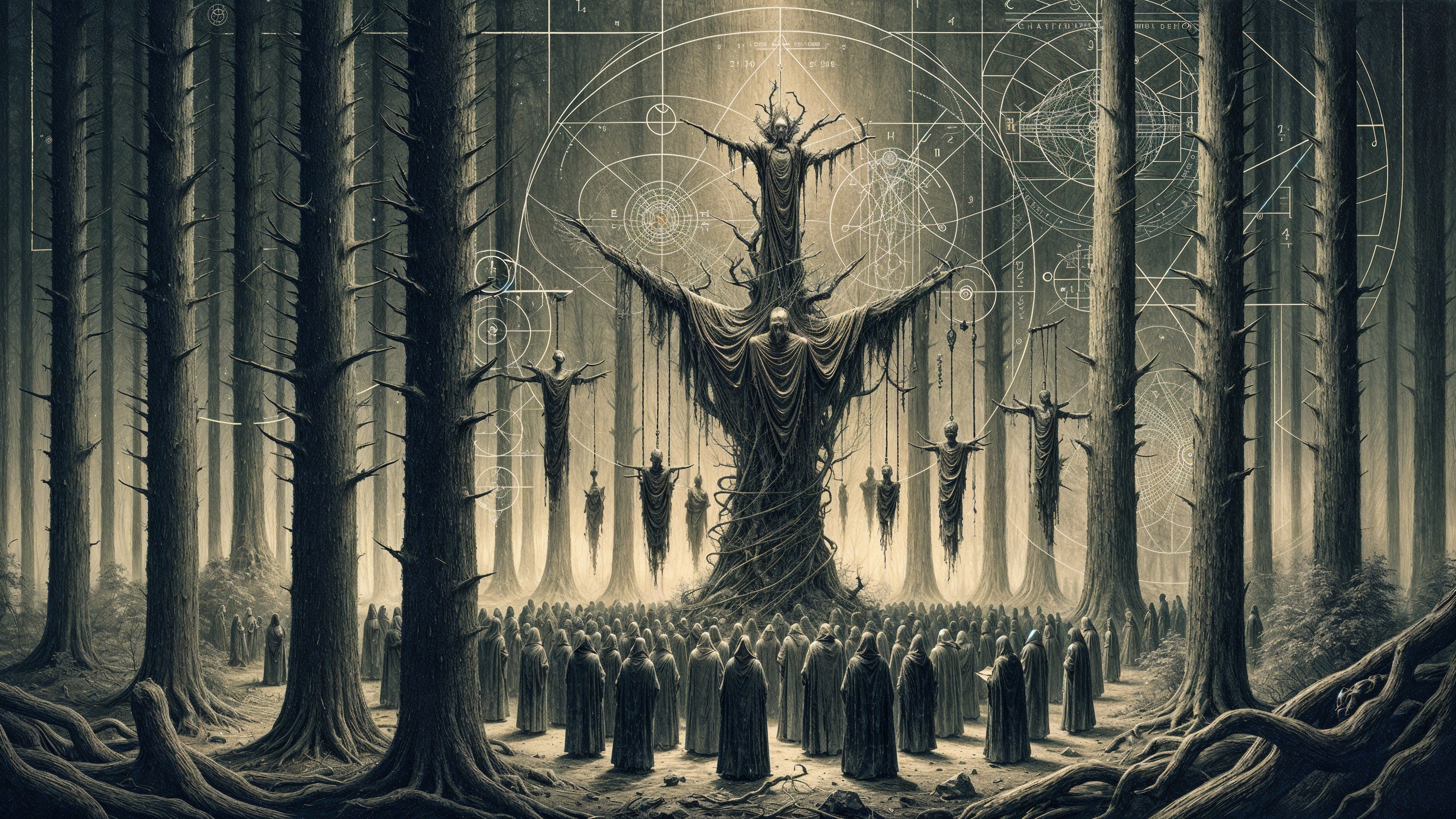 Mysterious Figure in Enchanted Forest with Worshippers