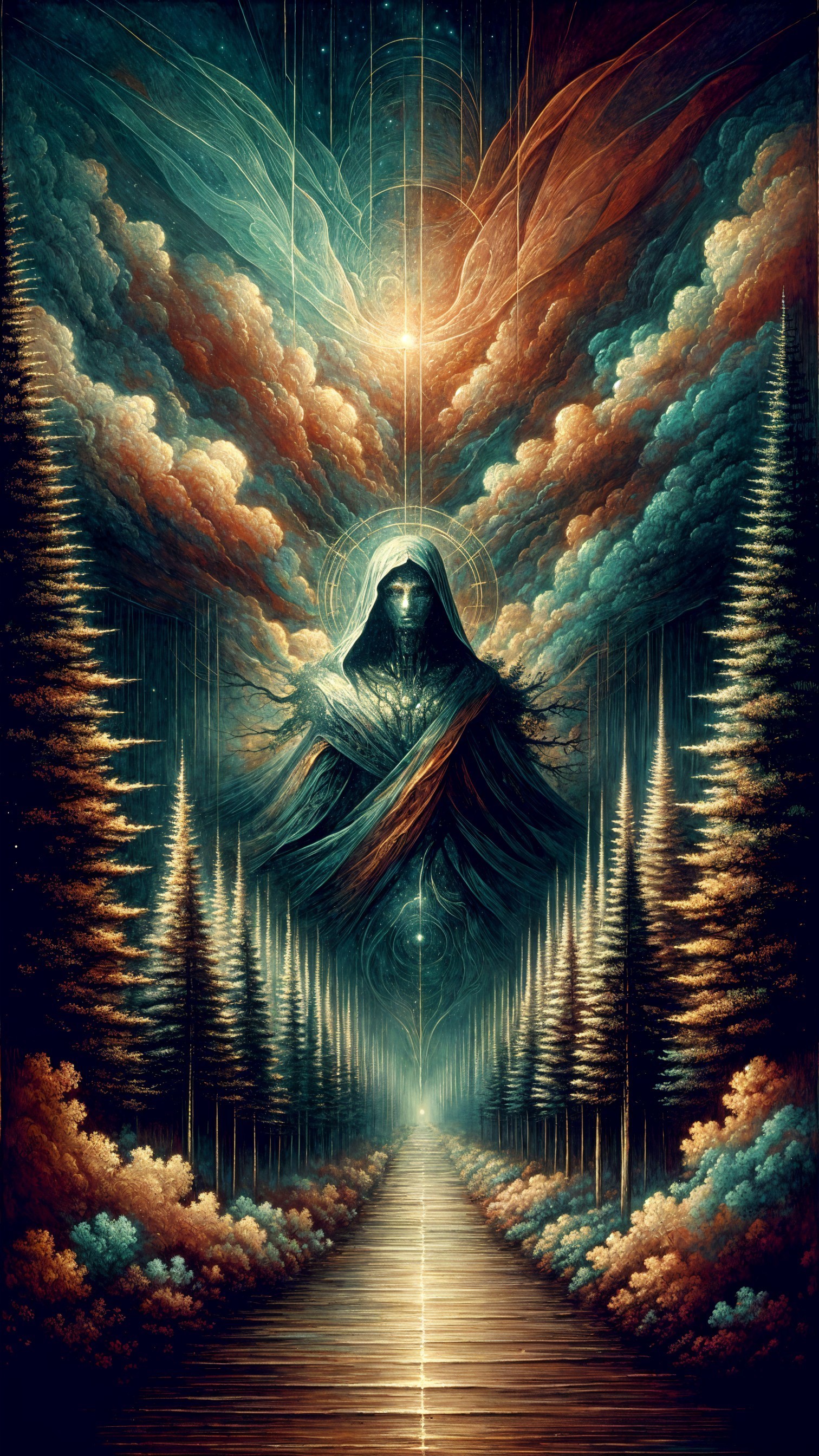 Mystical Landscape with Ethereal Trees and Hooded Figure