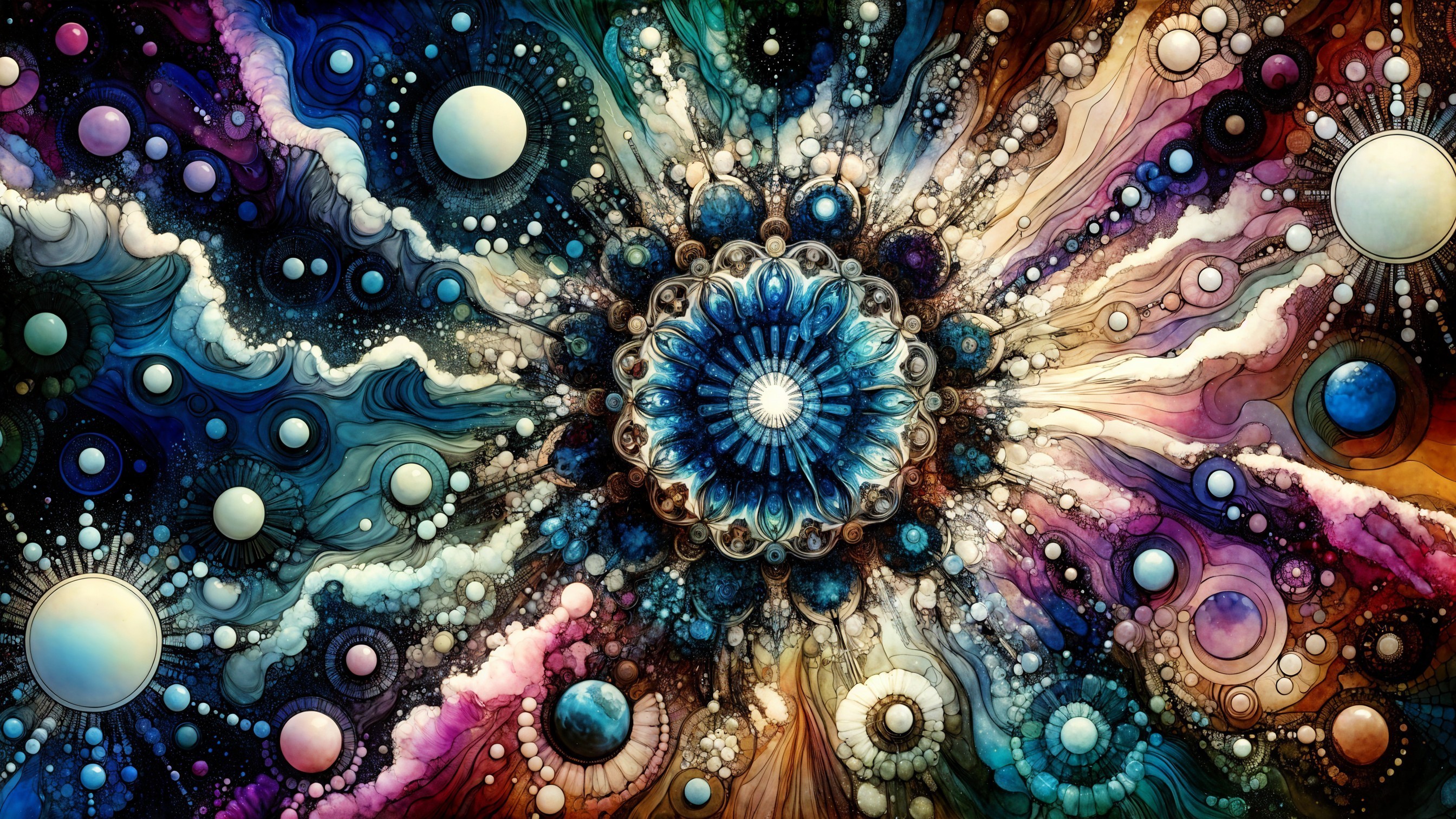 Vibrant Cosmic Scene with Floral Mandala and Planets