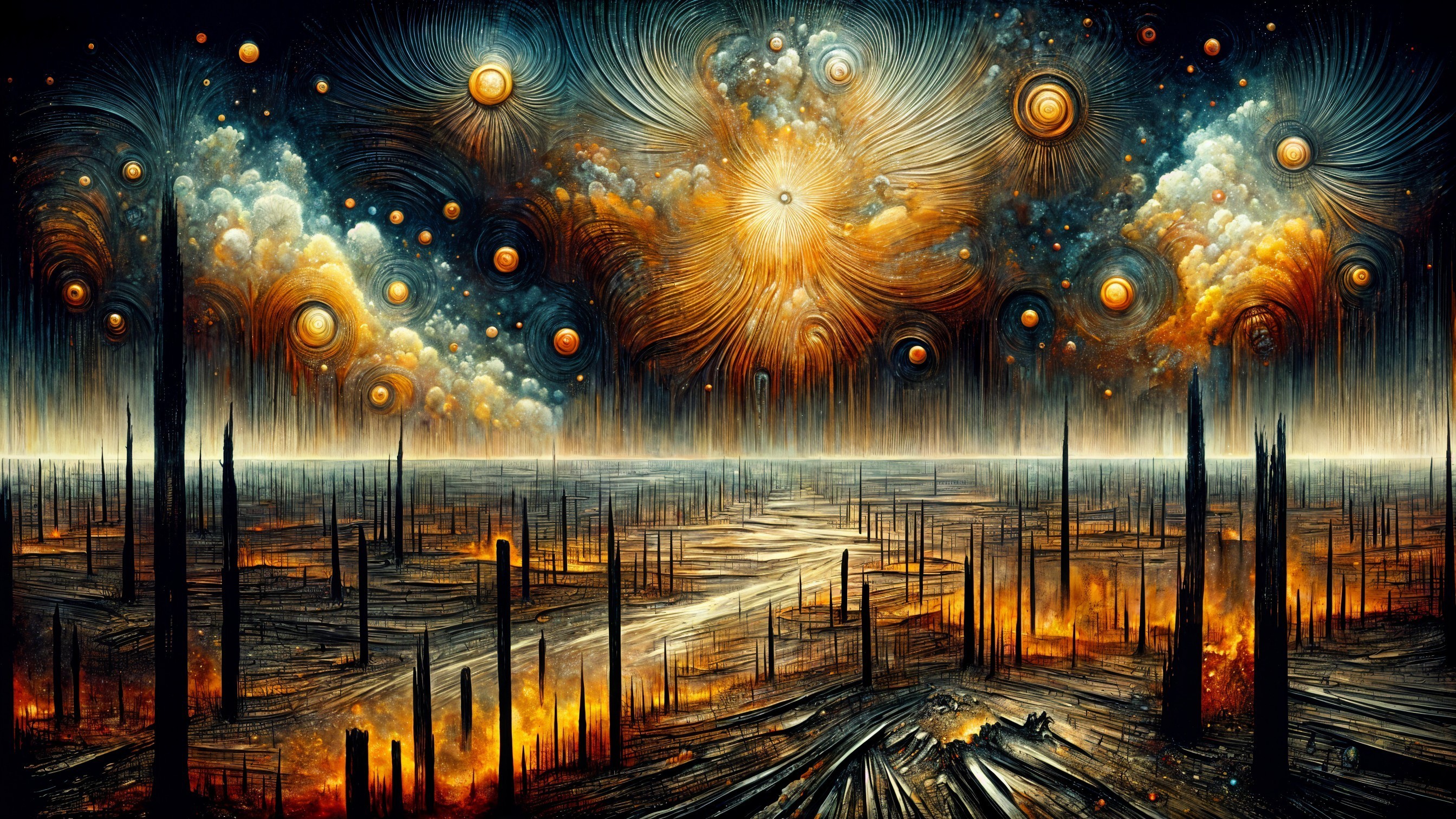 Surreal Landscape with Dark Spires and Cosmic Sky