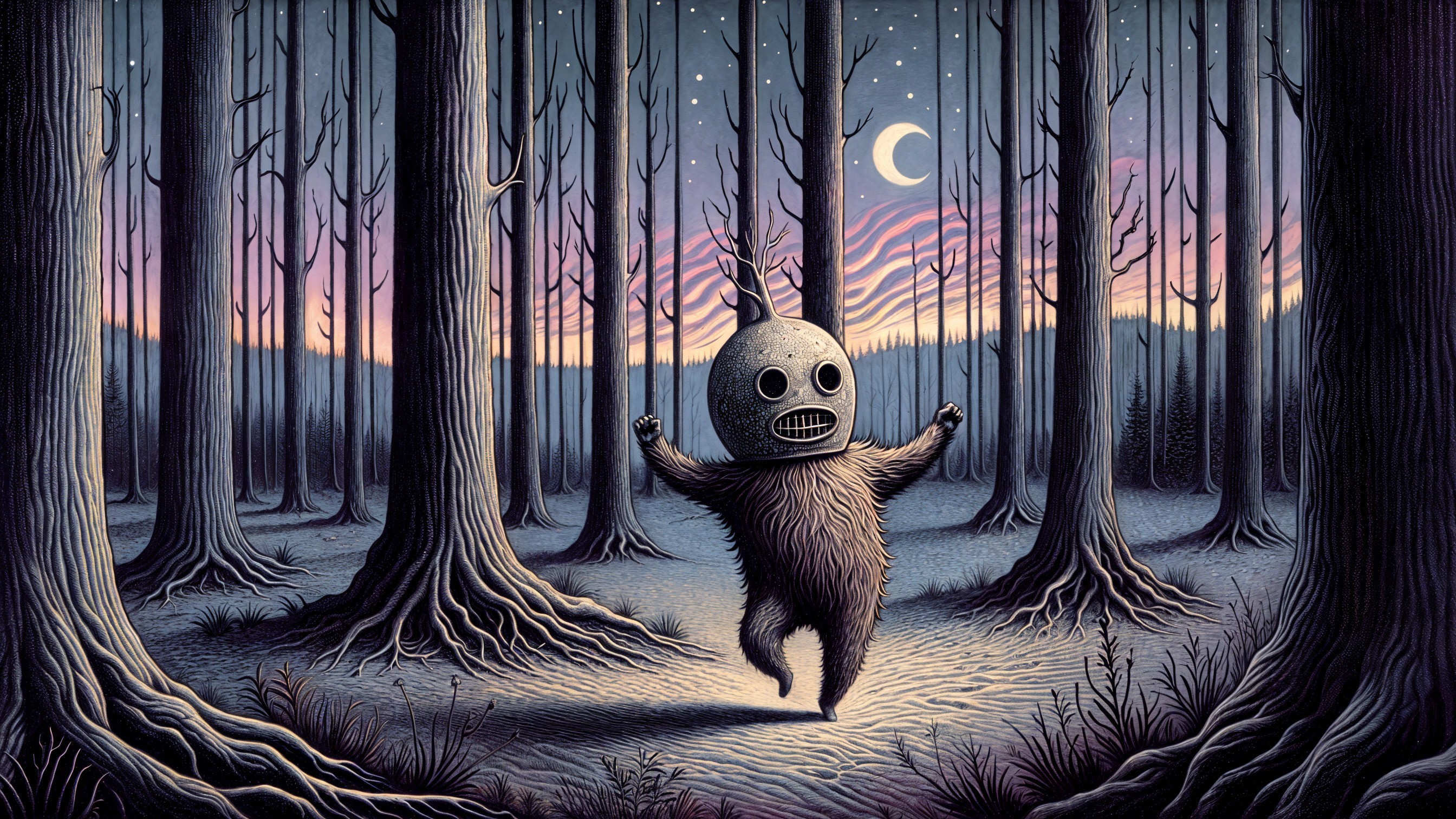 Surreal Twilight Forest with Dancing Figure and Moon