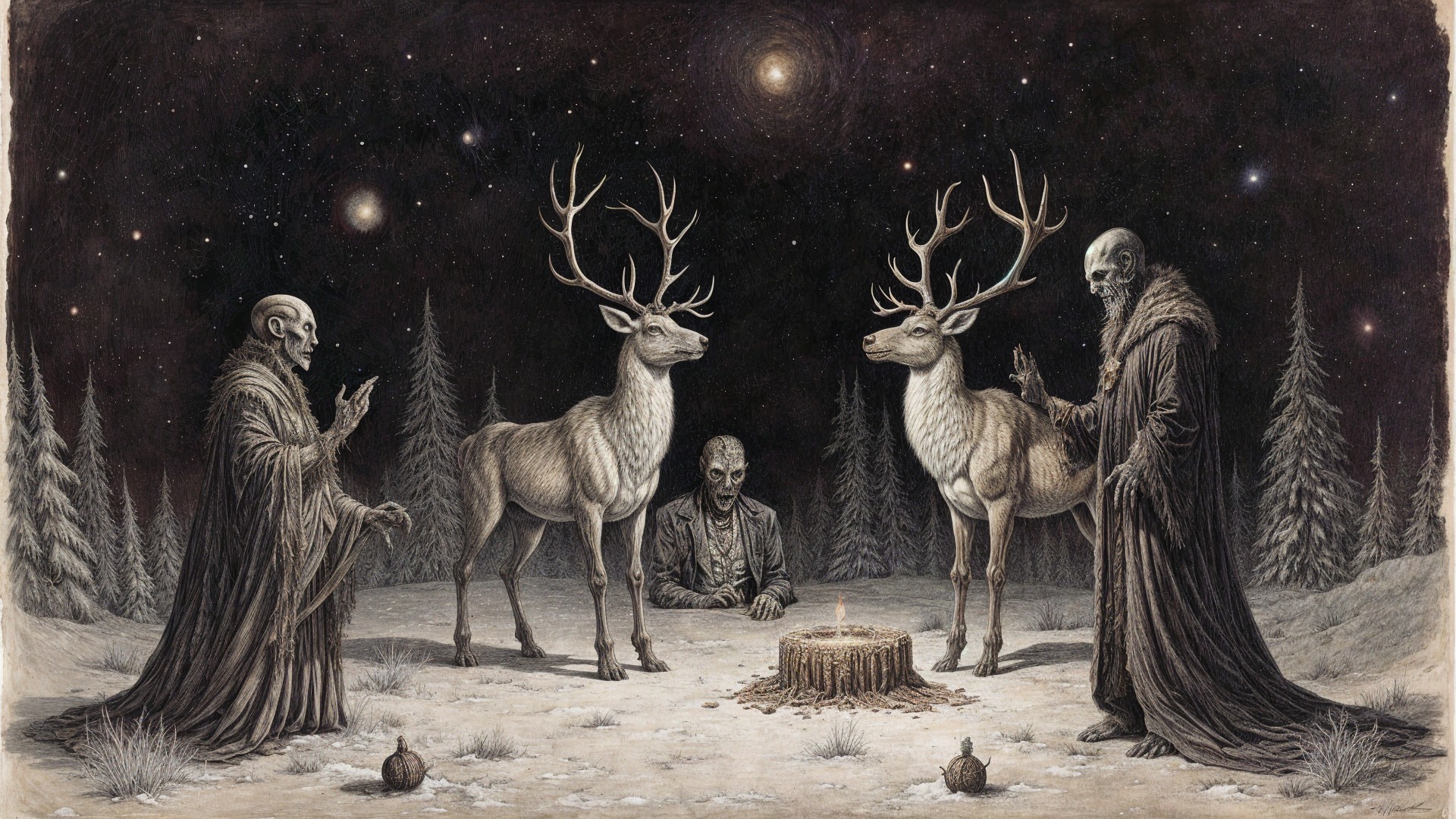Surreal Landscape with Deer and Hooded Figures in Ritual