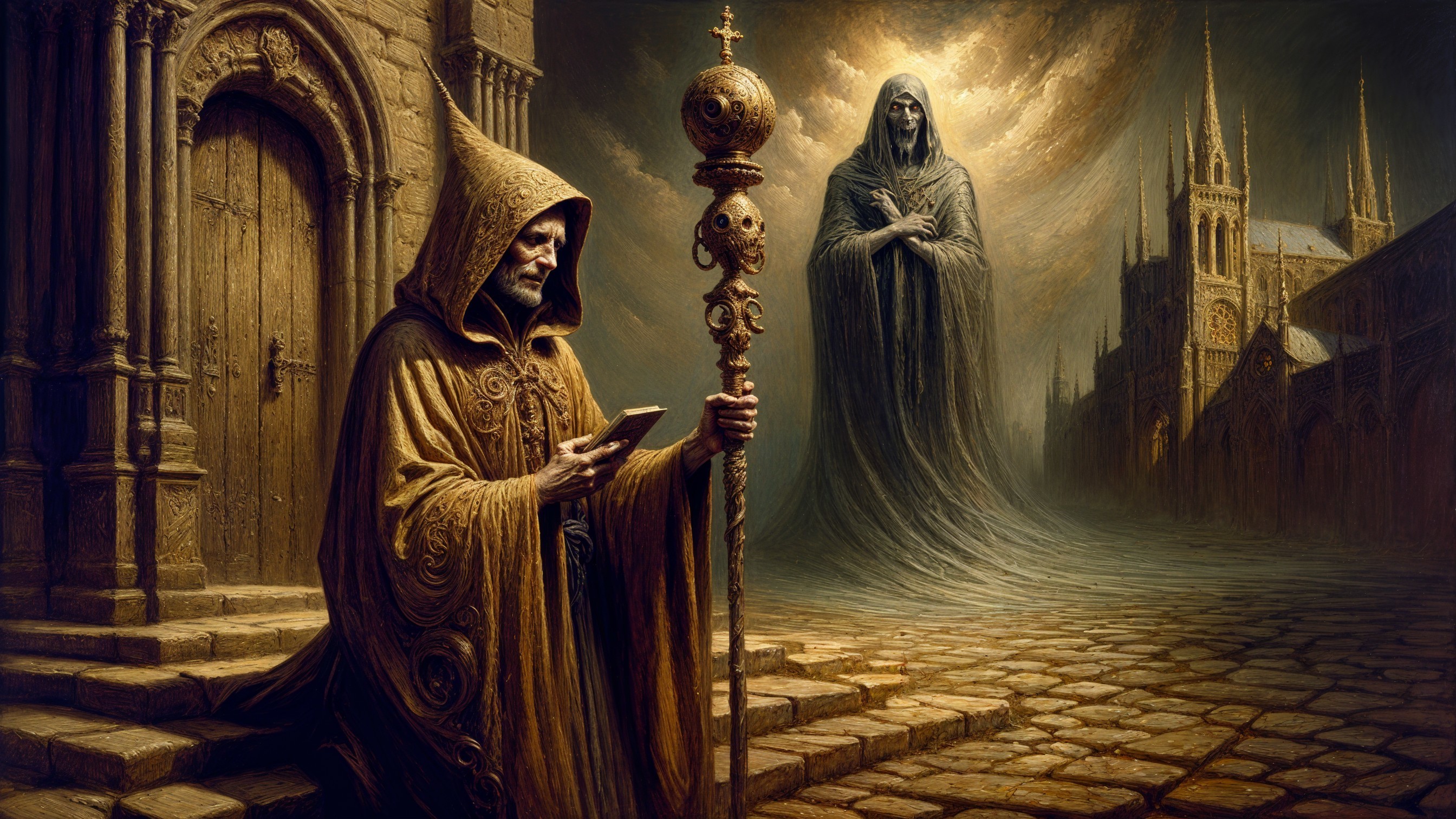 Hooded Figure with Staff in Dark Gothic Atmosphere