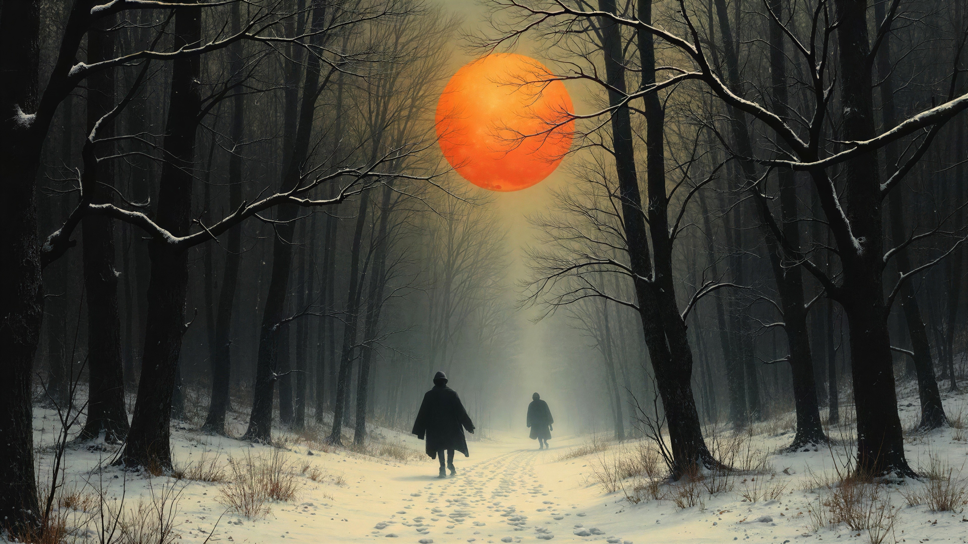Figures Walking on Snowy Path in Misty Forest