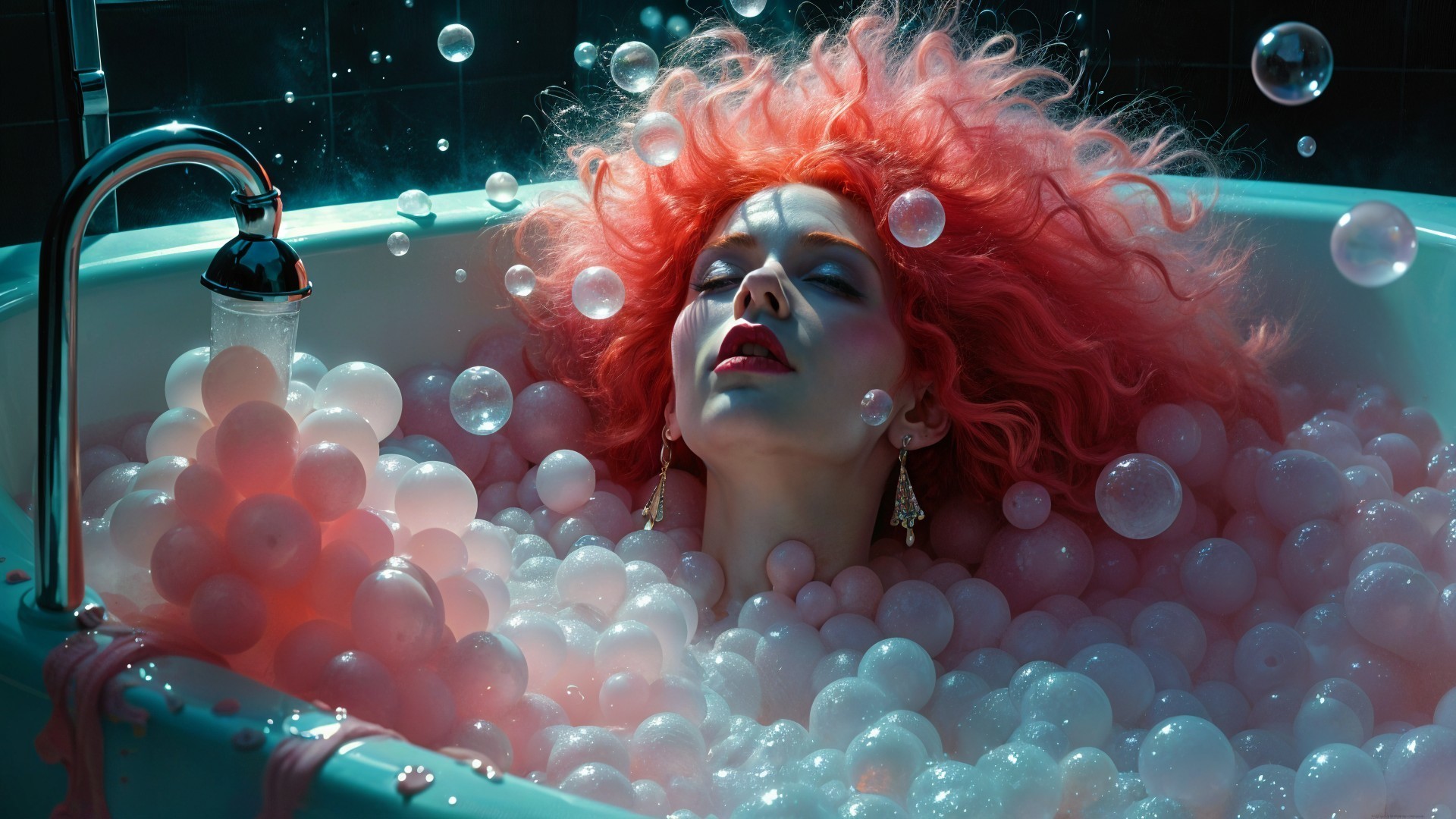Woman with Pink Hair in Bubble-Filled Bathtub