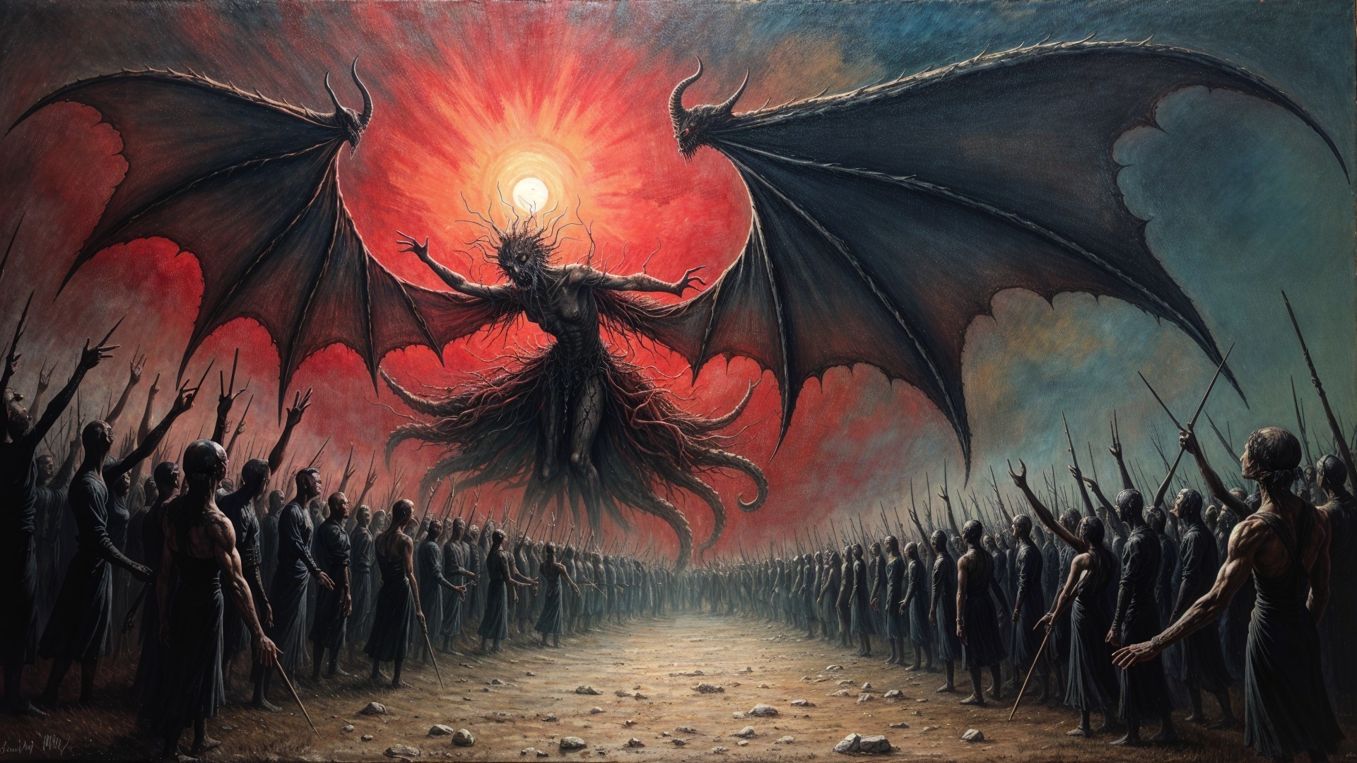 Dramatic Artwork of Winged Figure Over Warriors