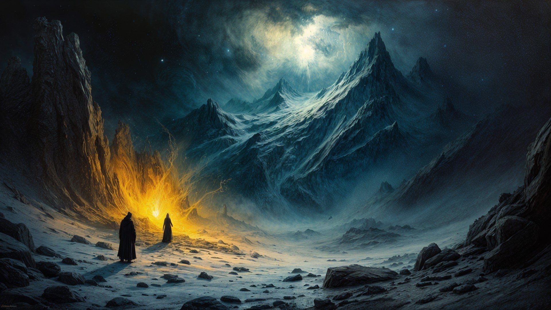Cloaked Figures in an Otherworldly Mountain Landscape