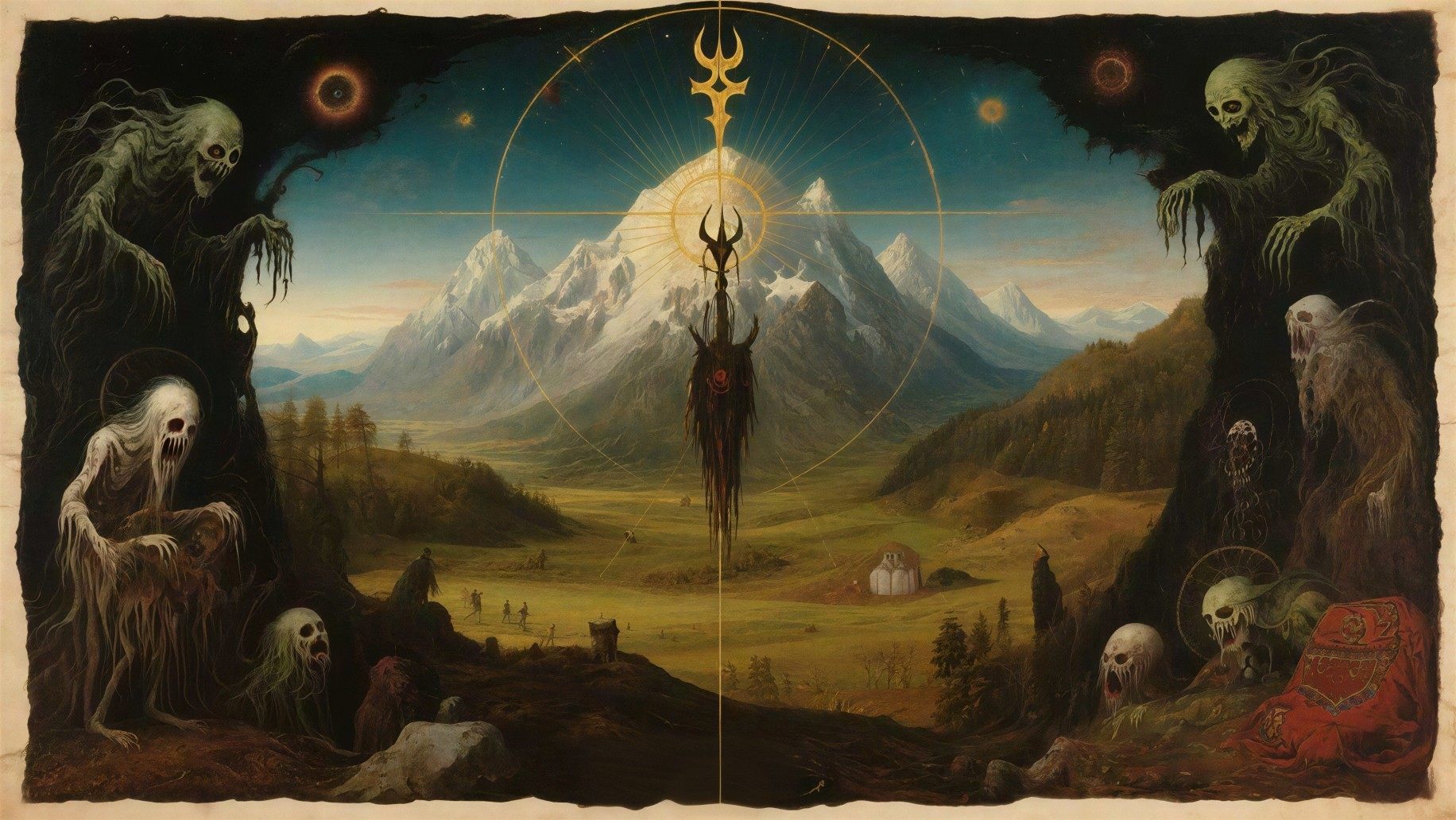 Dark Fantasy Landscape with Ghostly Figures and Mountains