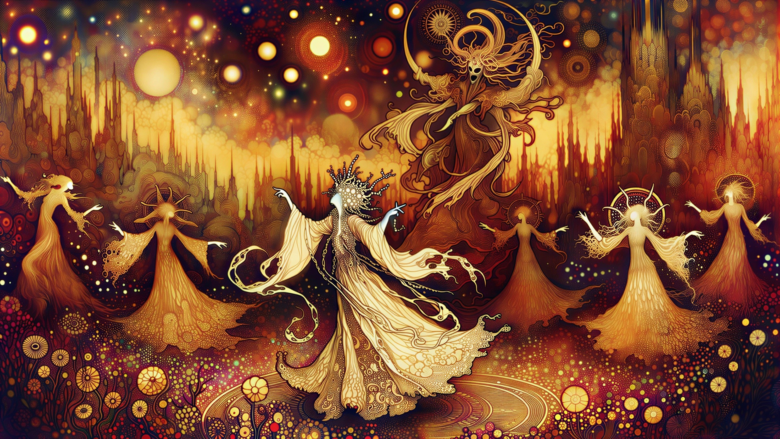 Ethereal Figures in Ritual Dance on Otherworldly Landscape