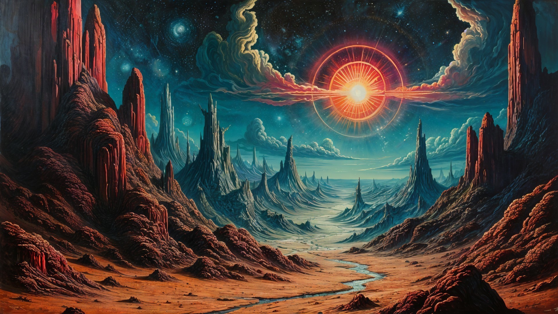 Surreal Alien Landscape with Vibrant Sky and Rivers