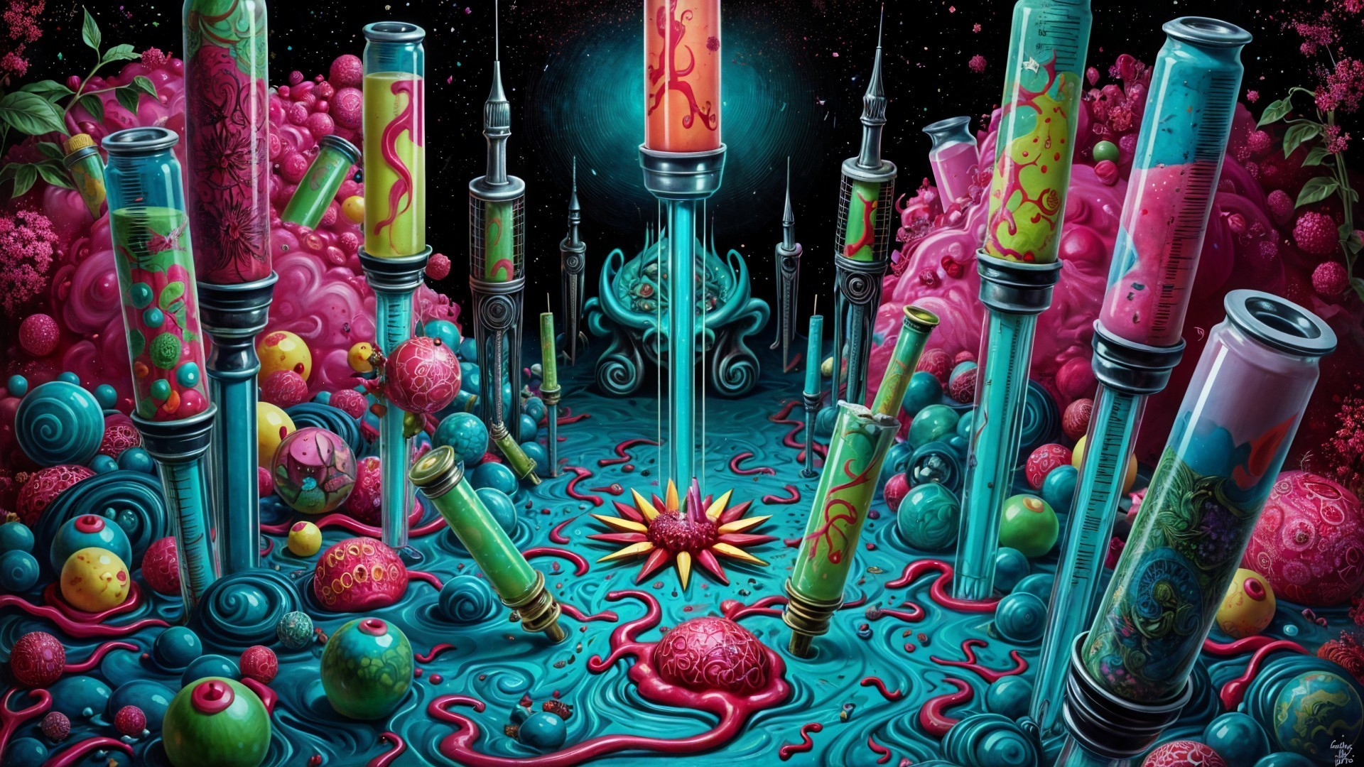 Surreal Landscape with Oversized Syringes and Colors