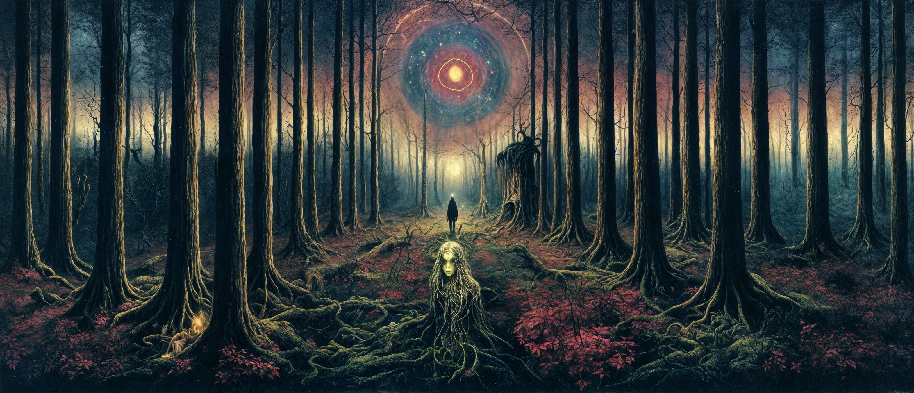 Mystical forest with cosmic portal and ethereal figure
