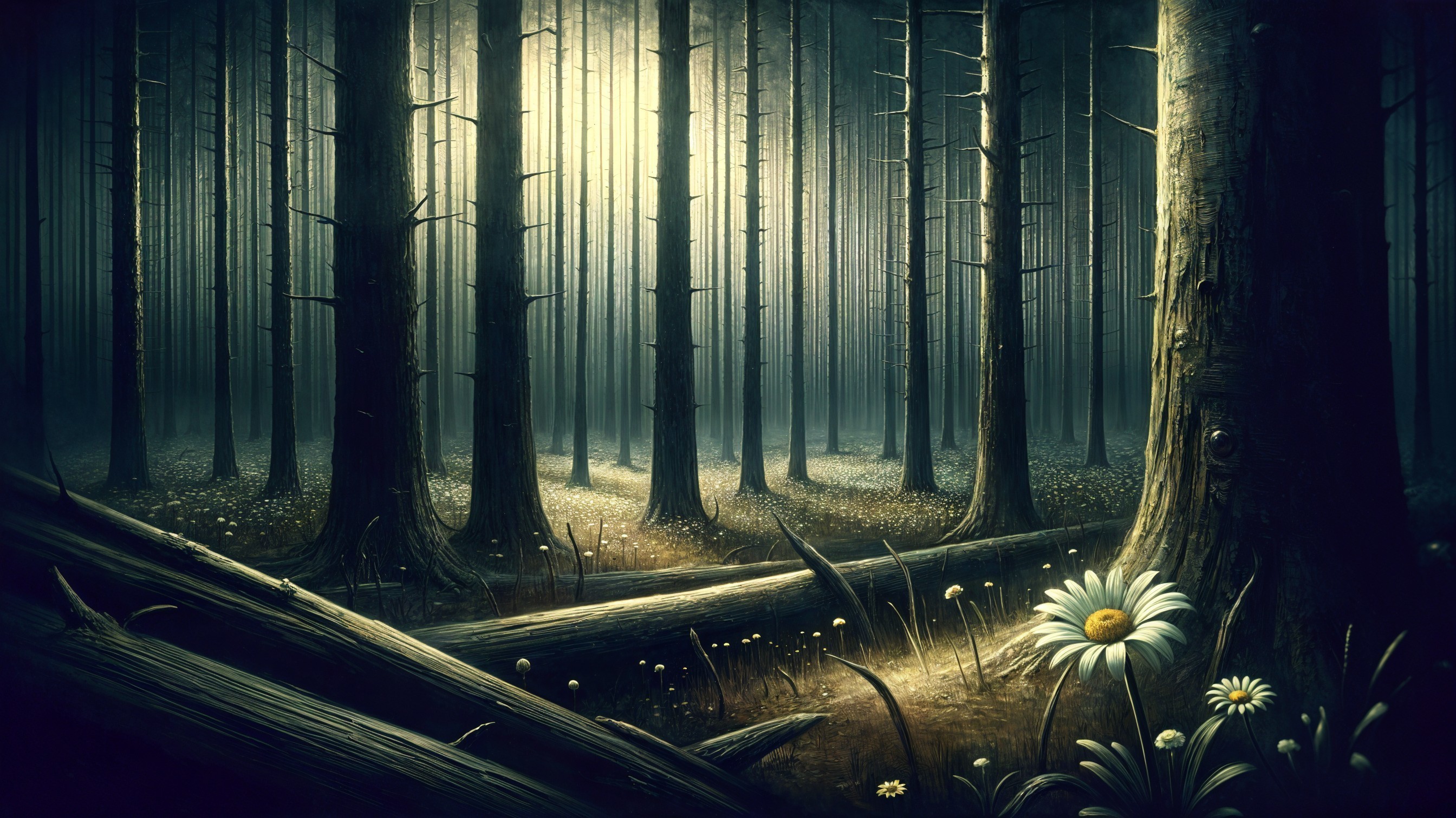 Mysterious Misty Forest with Tall Dark Trees