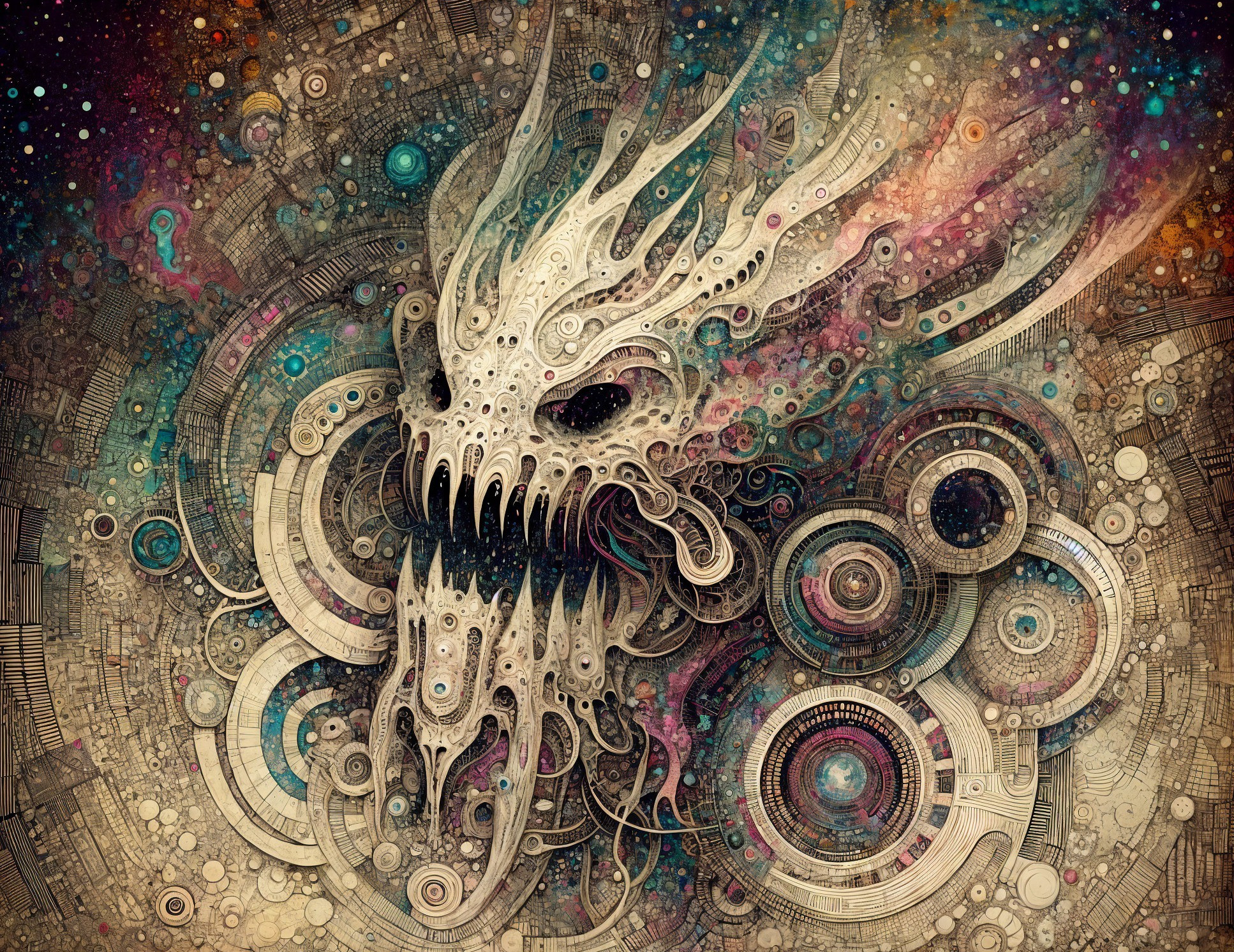Surreal Illustration of a Monstrous Skeletal Face