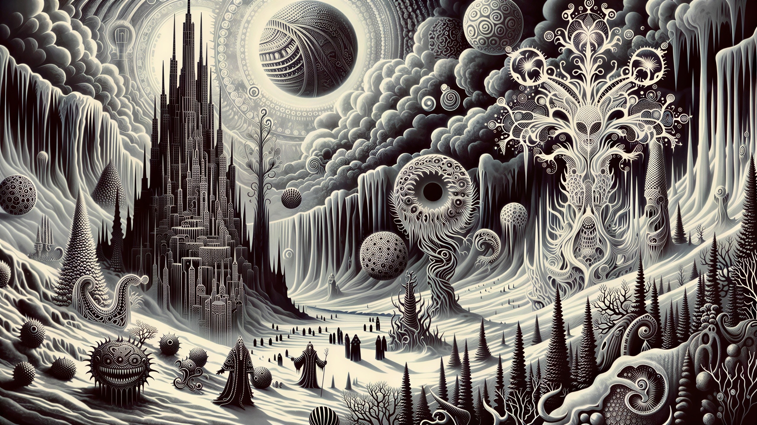 Intricate Black and White Psychedelic Winter Landscape