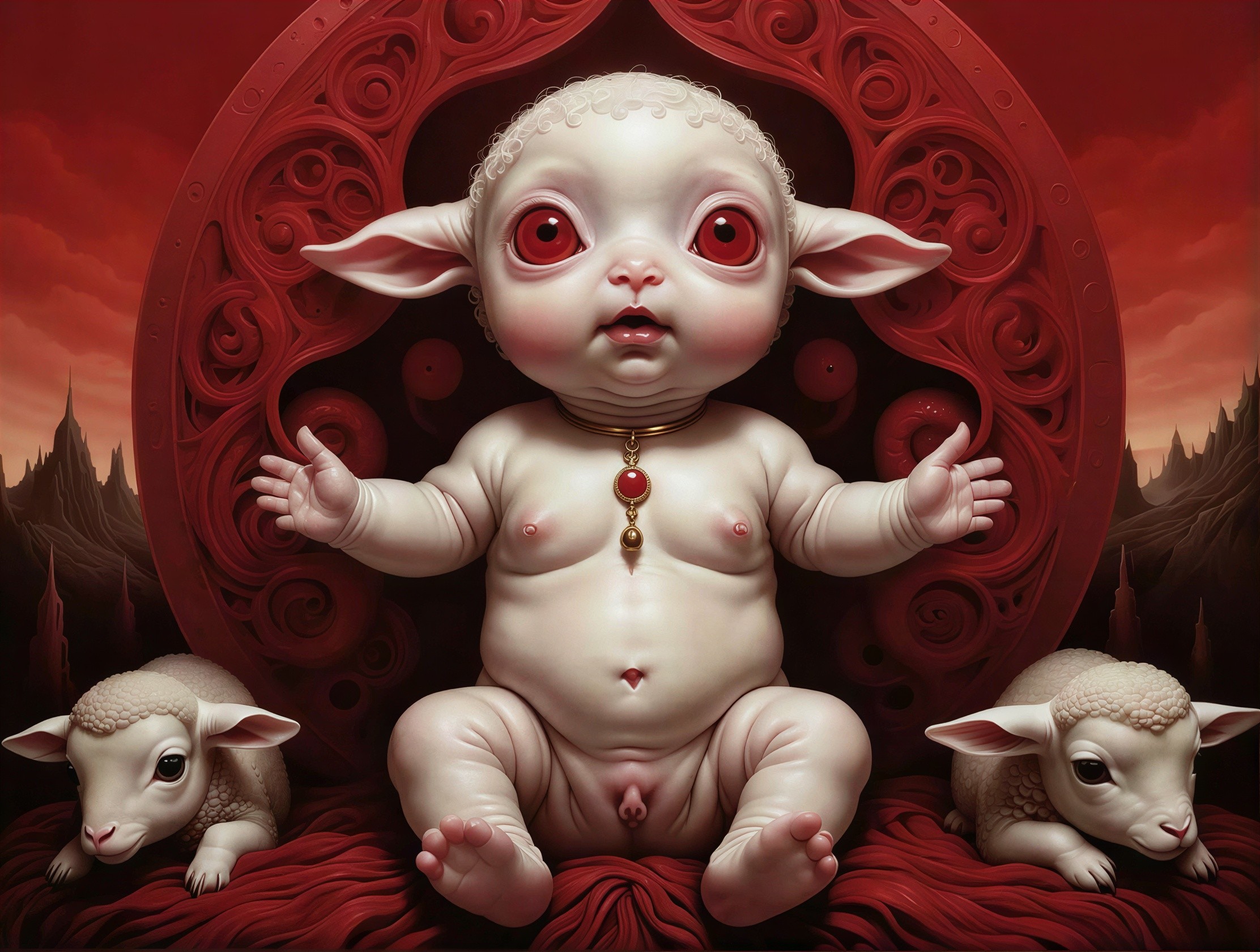 Pale-skinned baby with red eyes on velvet cushion