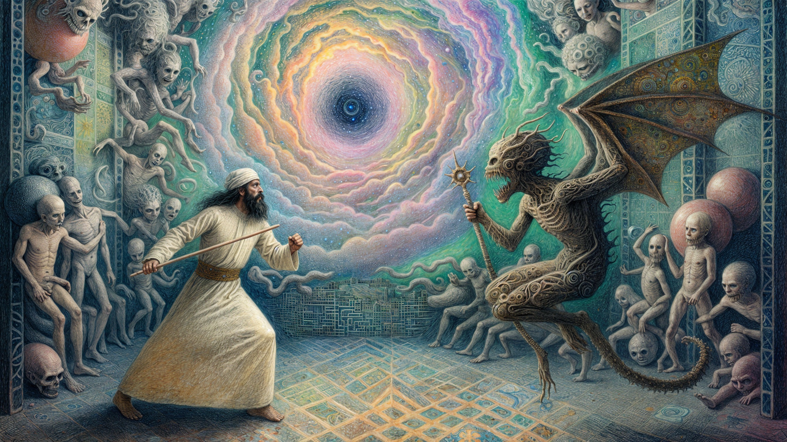 Surreal Landscape with Figure and Horned Demon