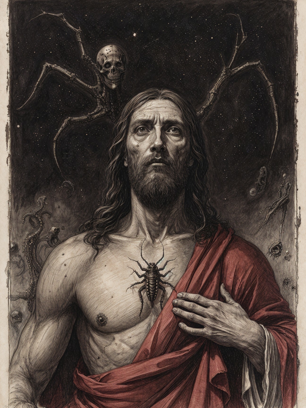 Solemn Figure in Red Robe with Ominous Spider Background