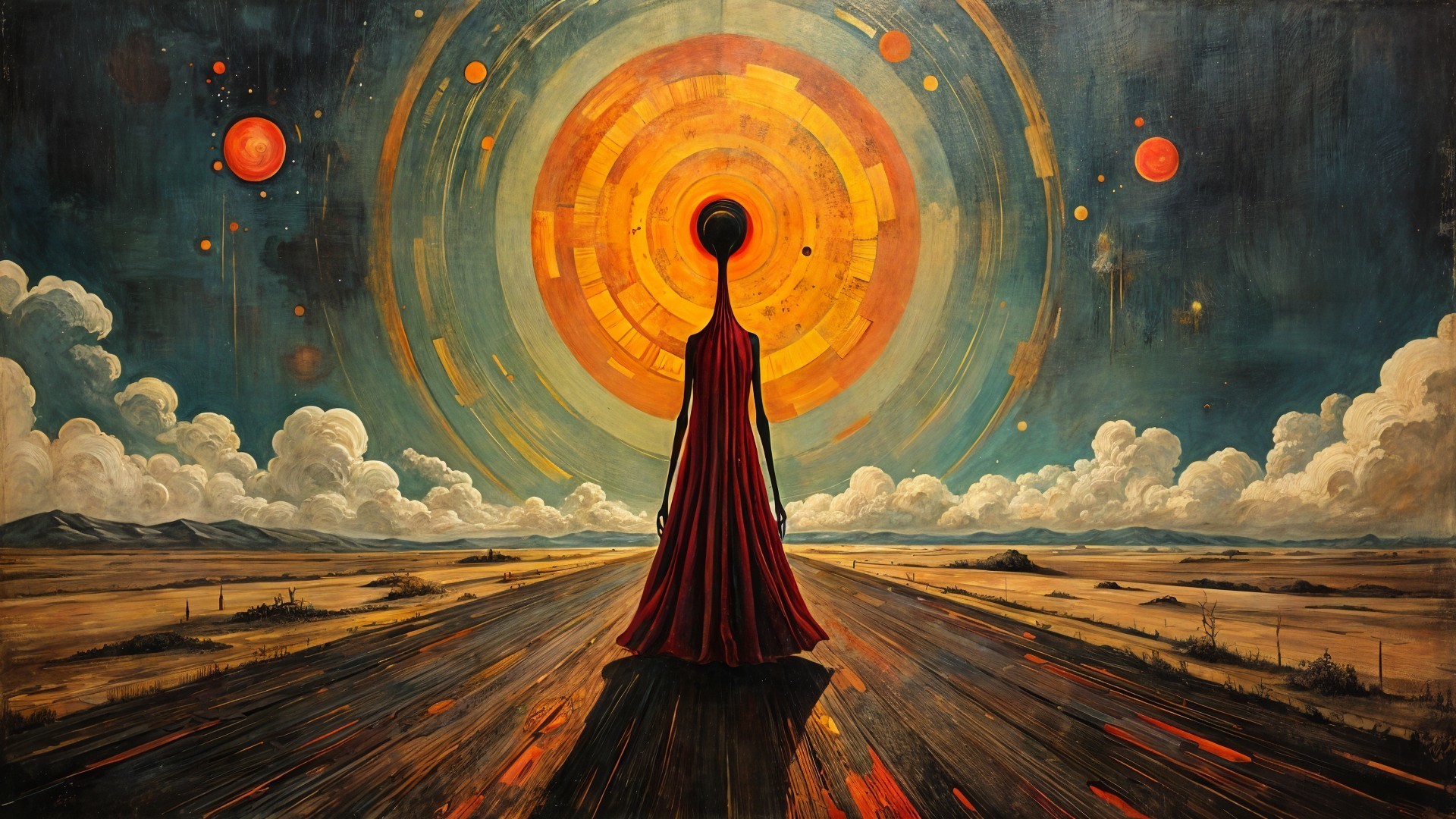 Figure in Red Robe Against Vibrant Desert Sun