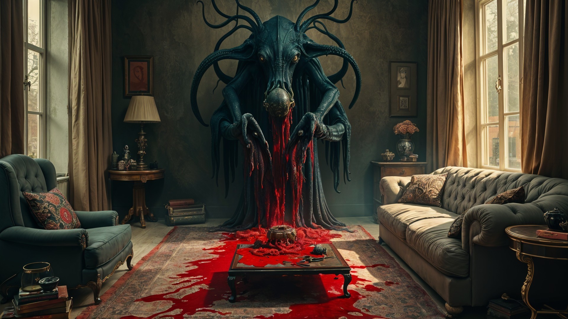 Monstrous Figure with Octopus Head in Dim Room