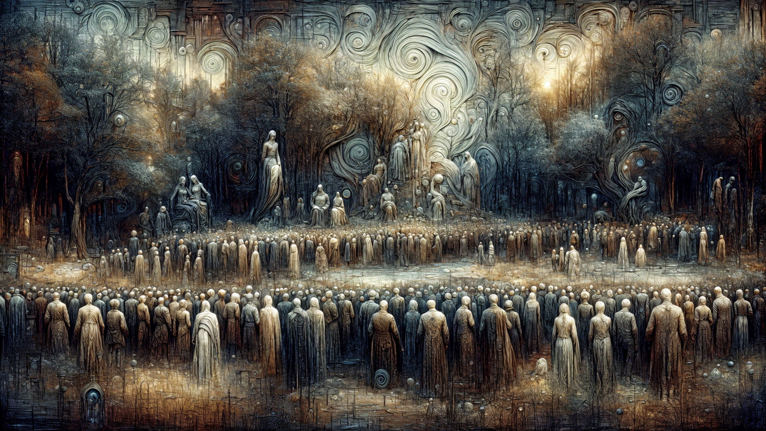Surreal Gathering in a Dreamlike Landscape with Statues