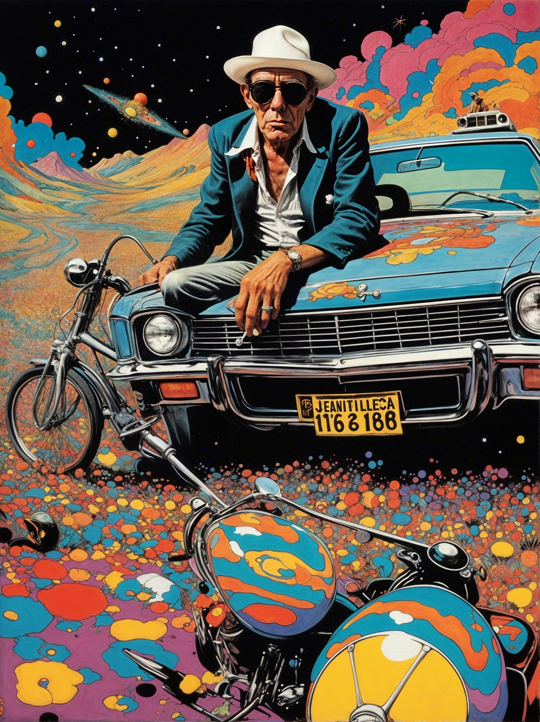 Stylish Man on Classic Car in Psychedelic Setting