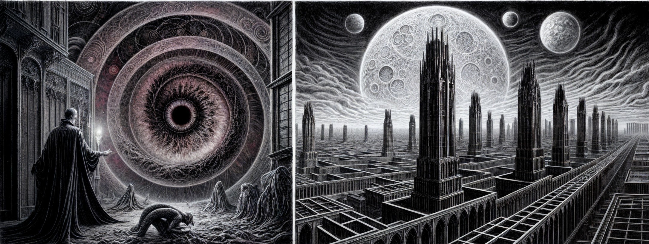 Surreal Dark Landscape with Cloaked Figure and Cityscape