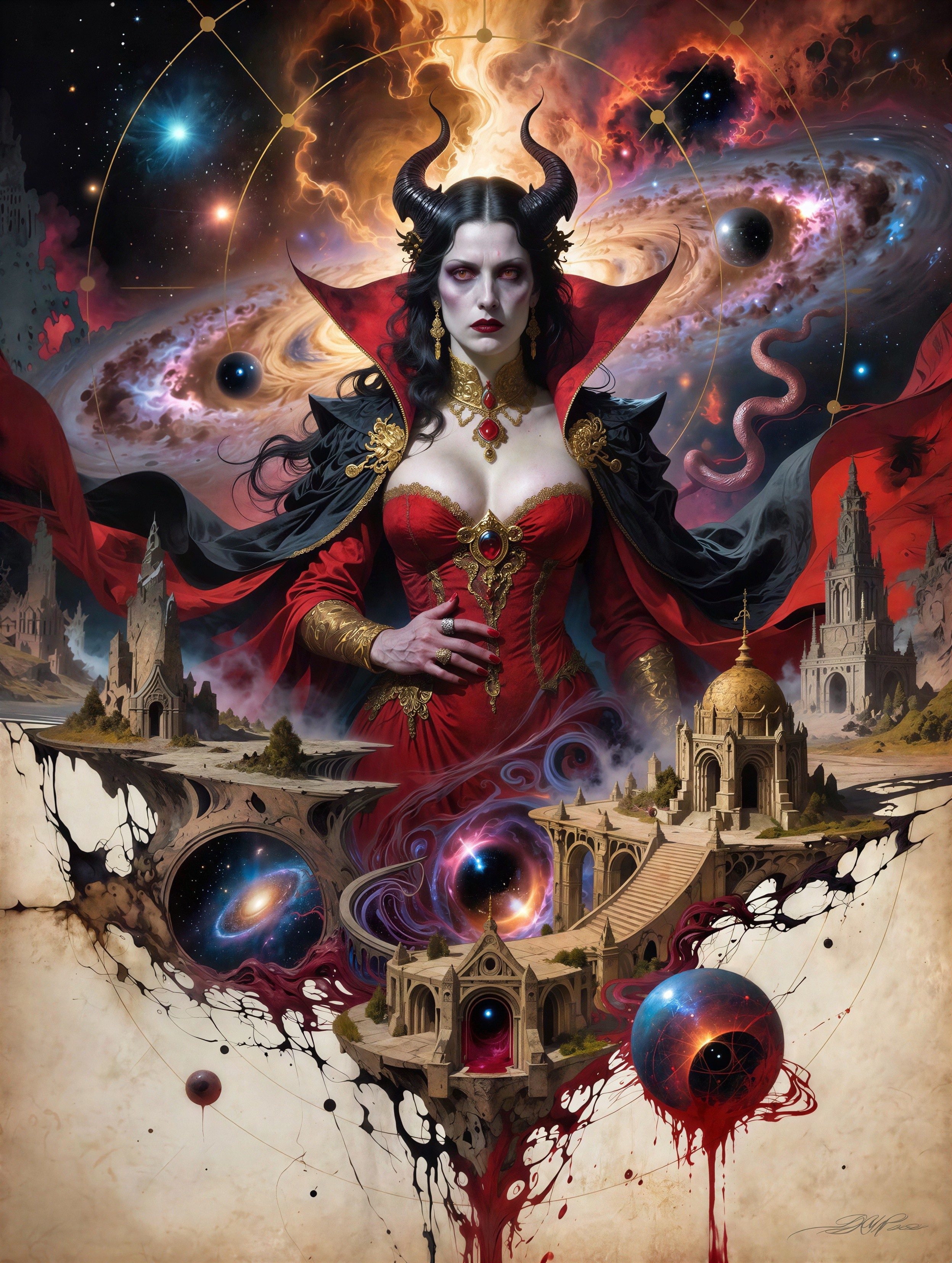 Horned Sorceress in Cosmic Landscape Artwork