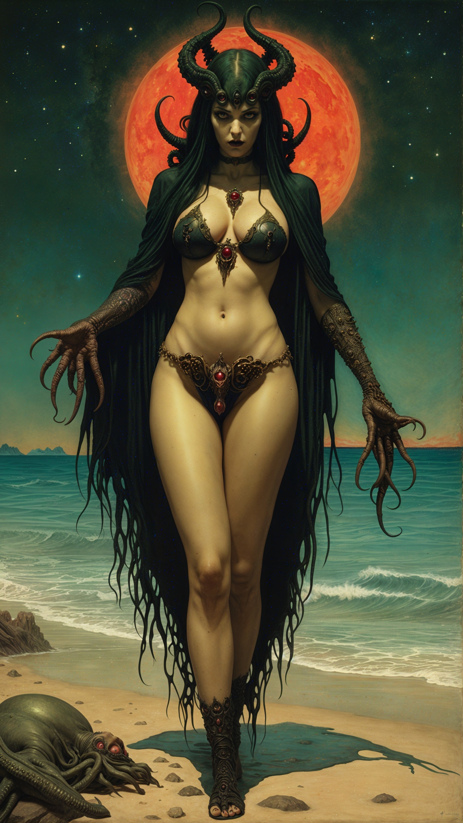 Figure on Beach Under Crimson Moon with Sea Creatures