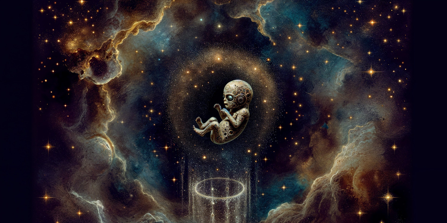 Surreal Cosmic Scene with Alien Fetus and Galaxies