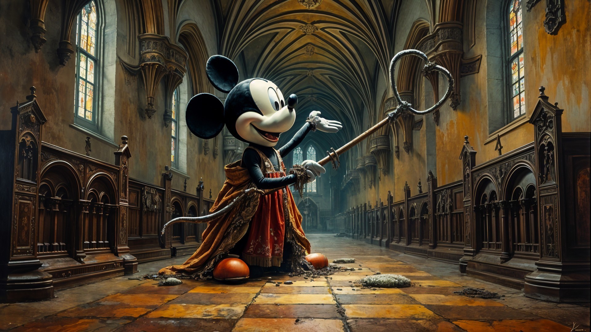 Regal Mickey Mouse in a Grand Dilapidated Cathedral