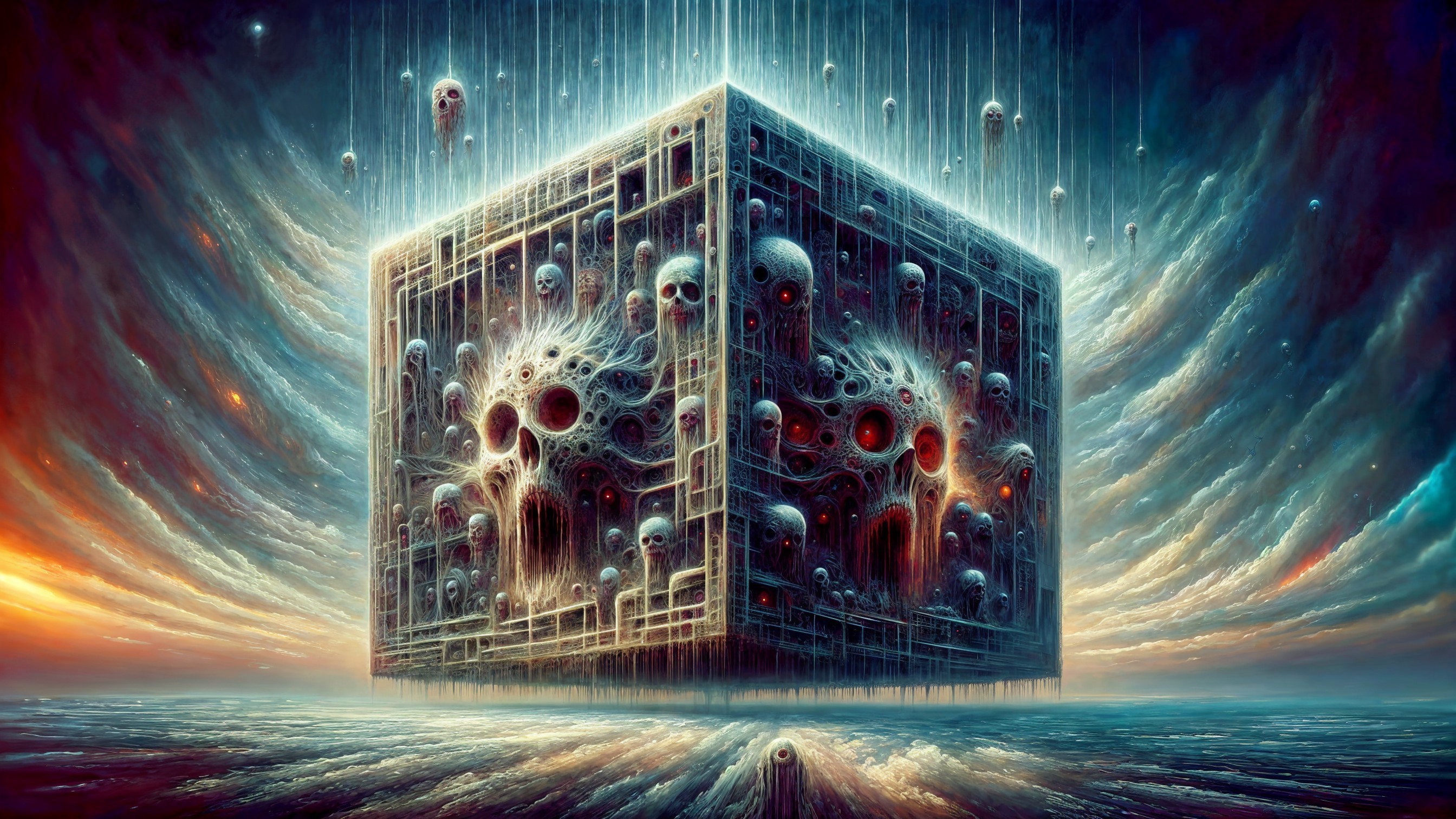 Eldritch Cube Surrounded by Ghostly Figures and Light