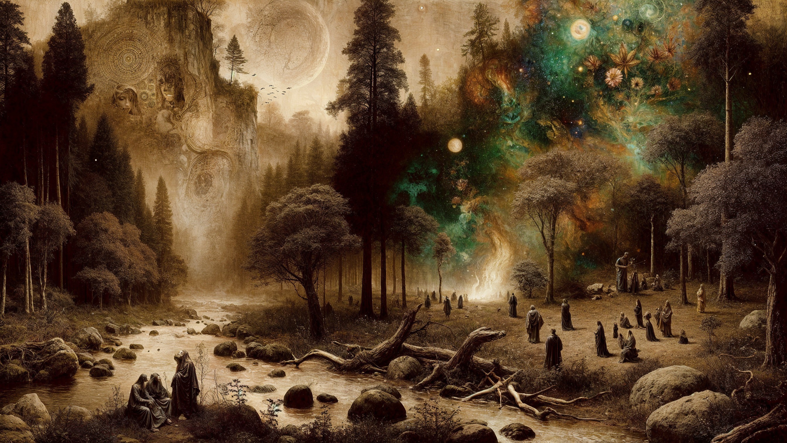 Mystical Landscape with Ancient Trees and Cosmic Backdrop