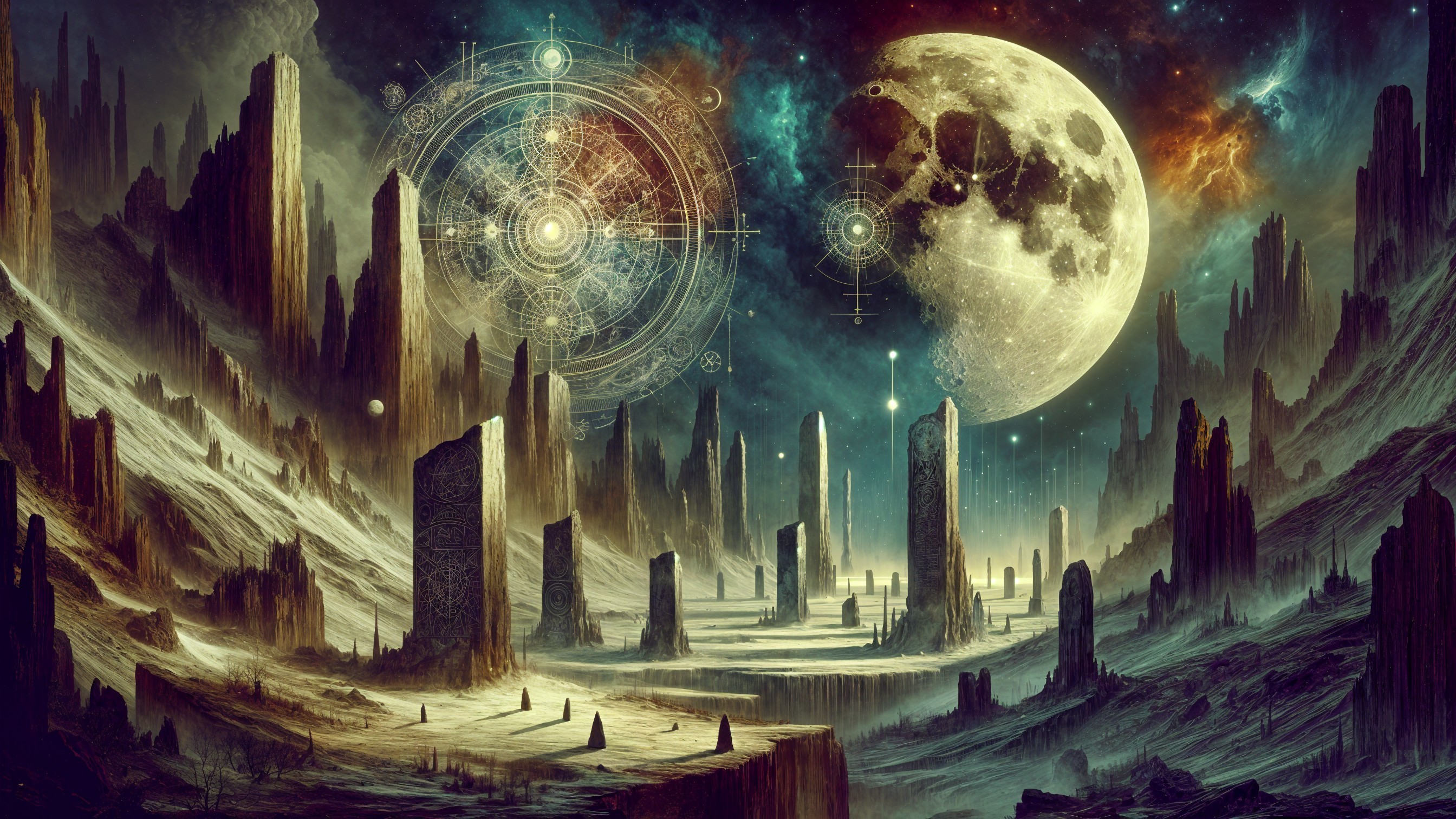 Mesmerizing landscape with cosmic backdrop and moon