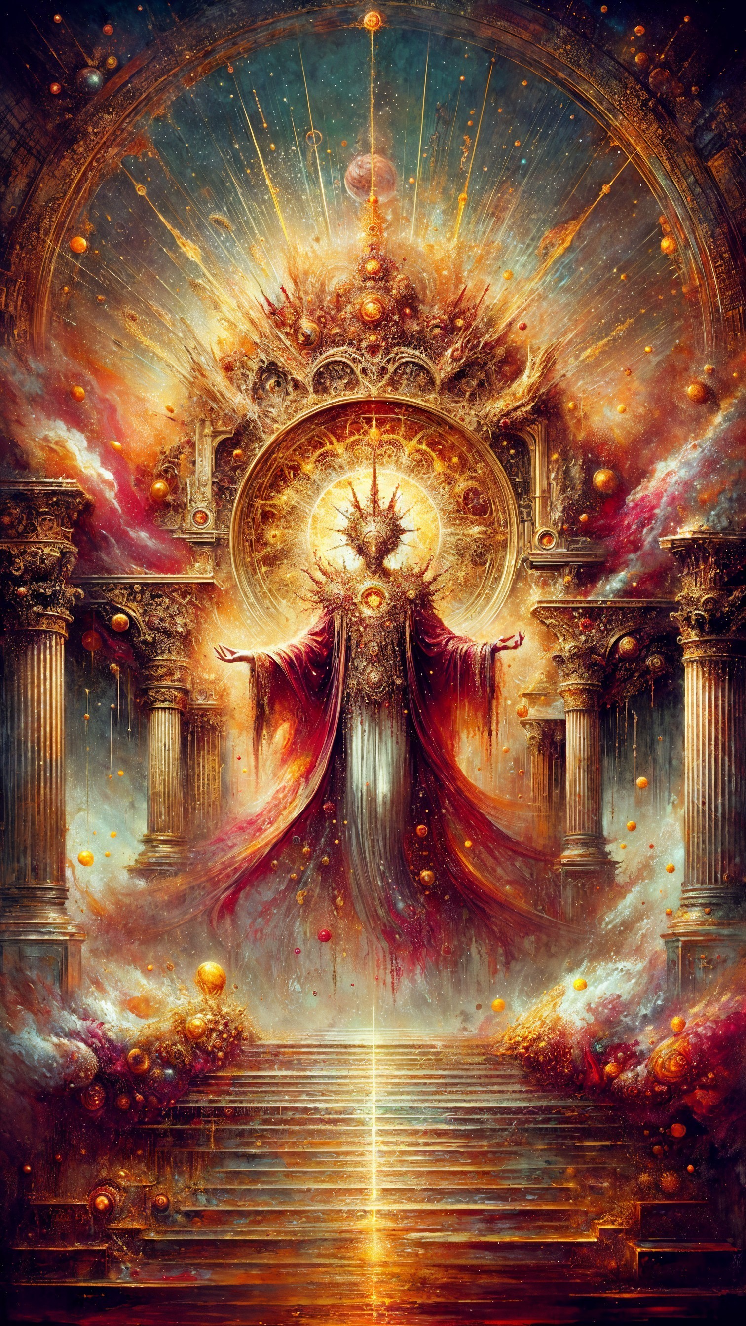 Majestic figure in red robes within ornate temple