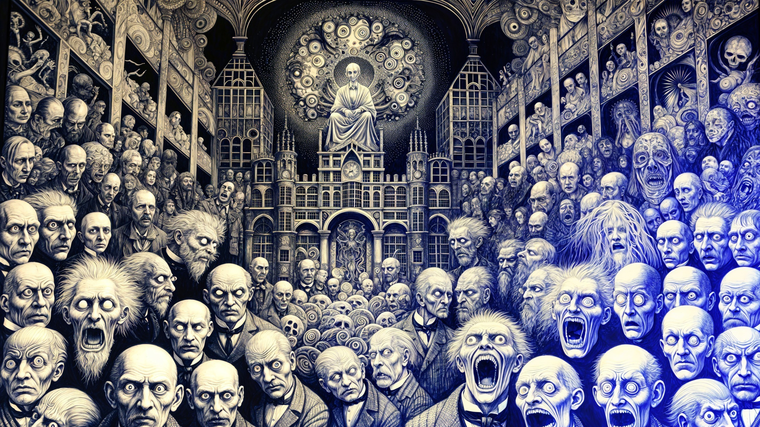 Surreal Scene with Faces and Gothic Architecture