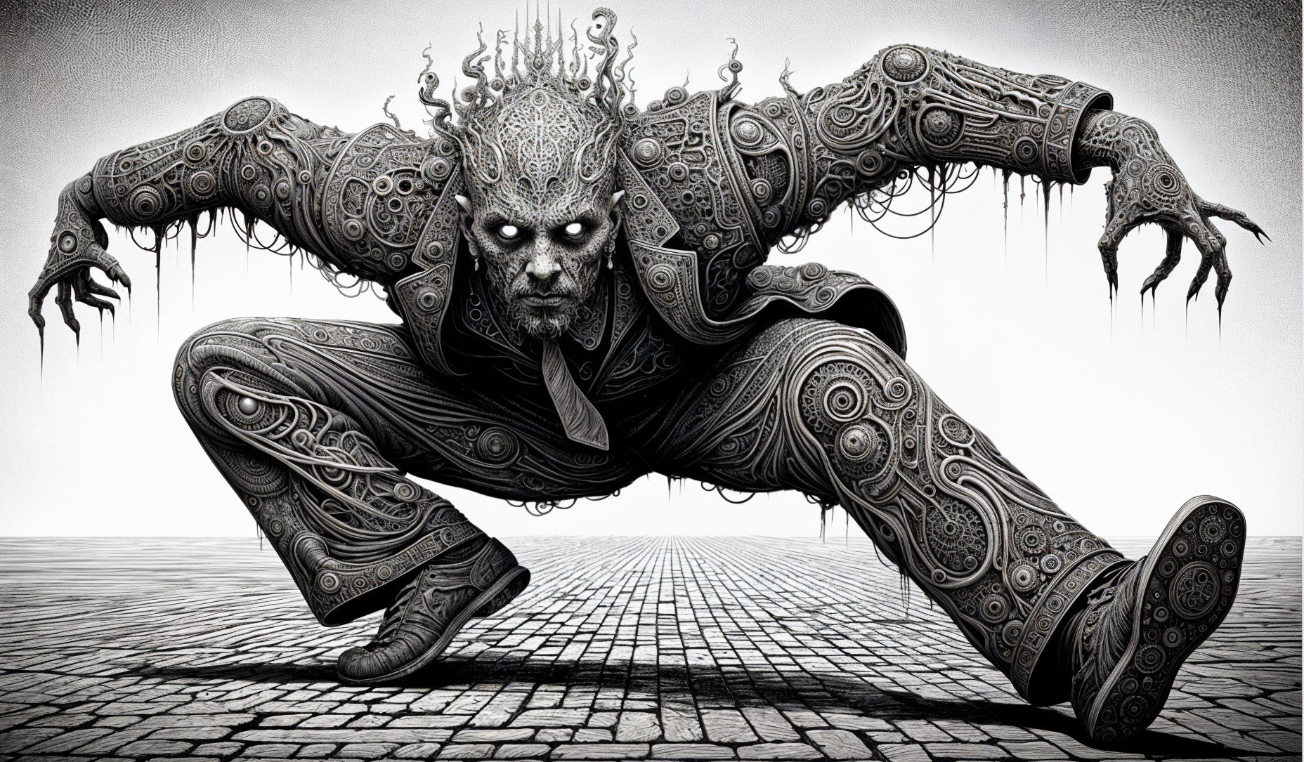 Surreal Figure in Dark Suit with Mechanical Textures