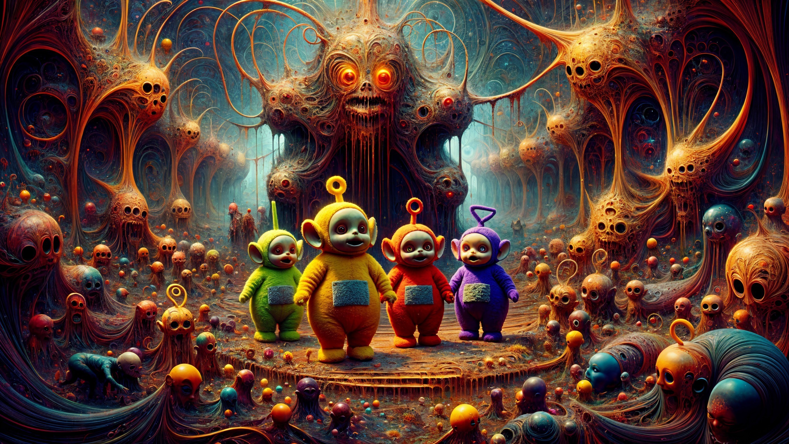 Colorful Cartoon Figures in Surreal Psychedelic Landscape