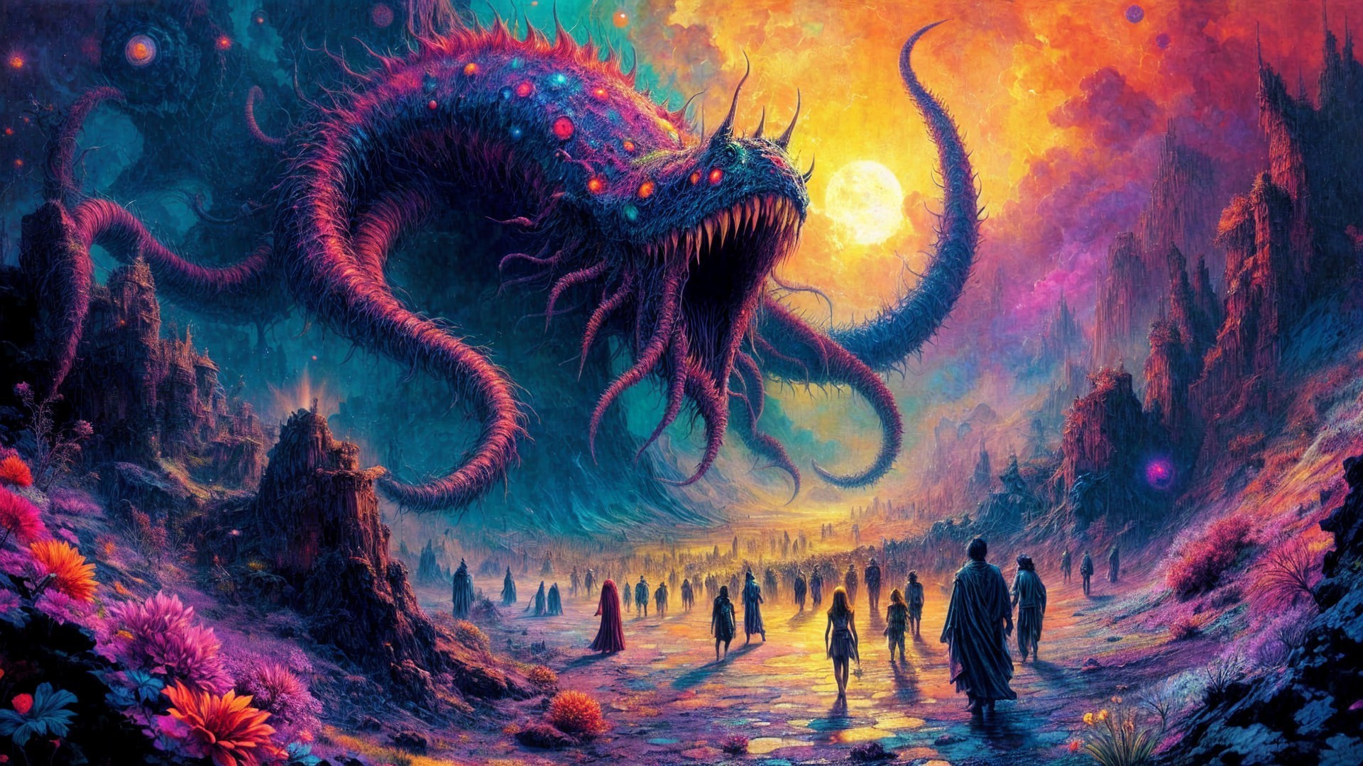 Colossal Serpentine Creature in Surreal Landscape