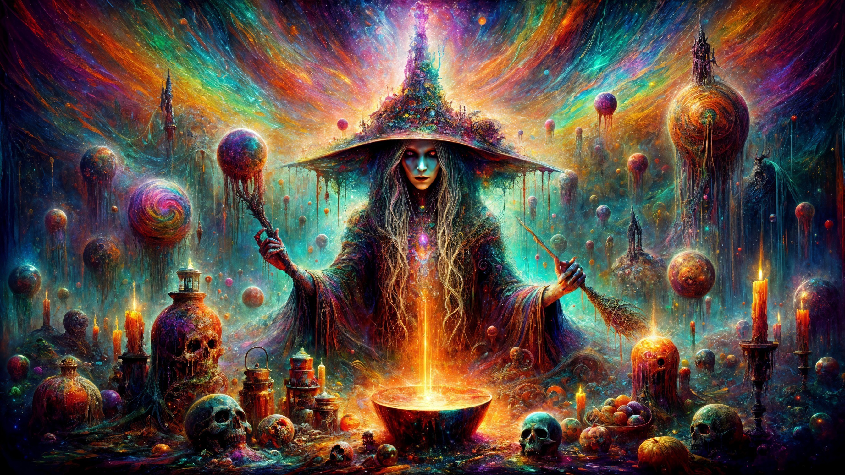 Mystical Figure with Cauldron and Cosmic Background