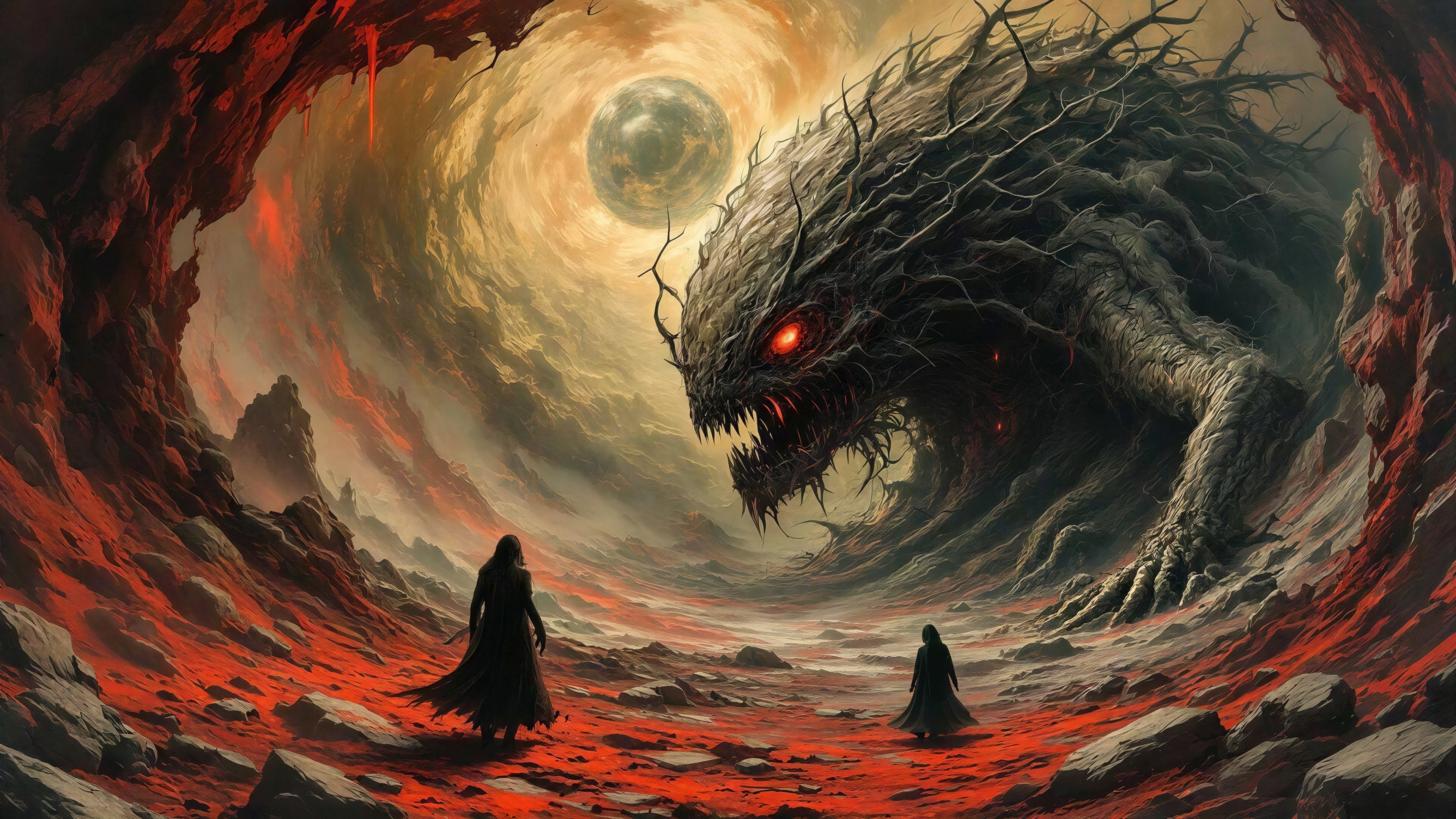 Dark Figures Confront Serpentine Creature in Barren Landscape