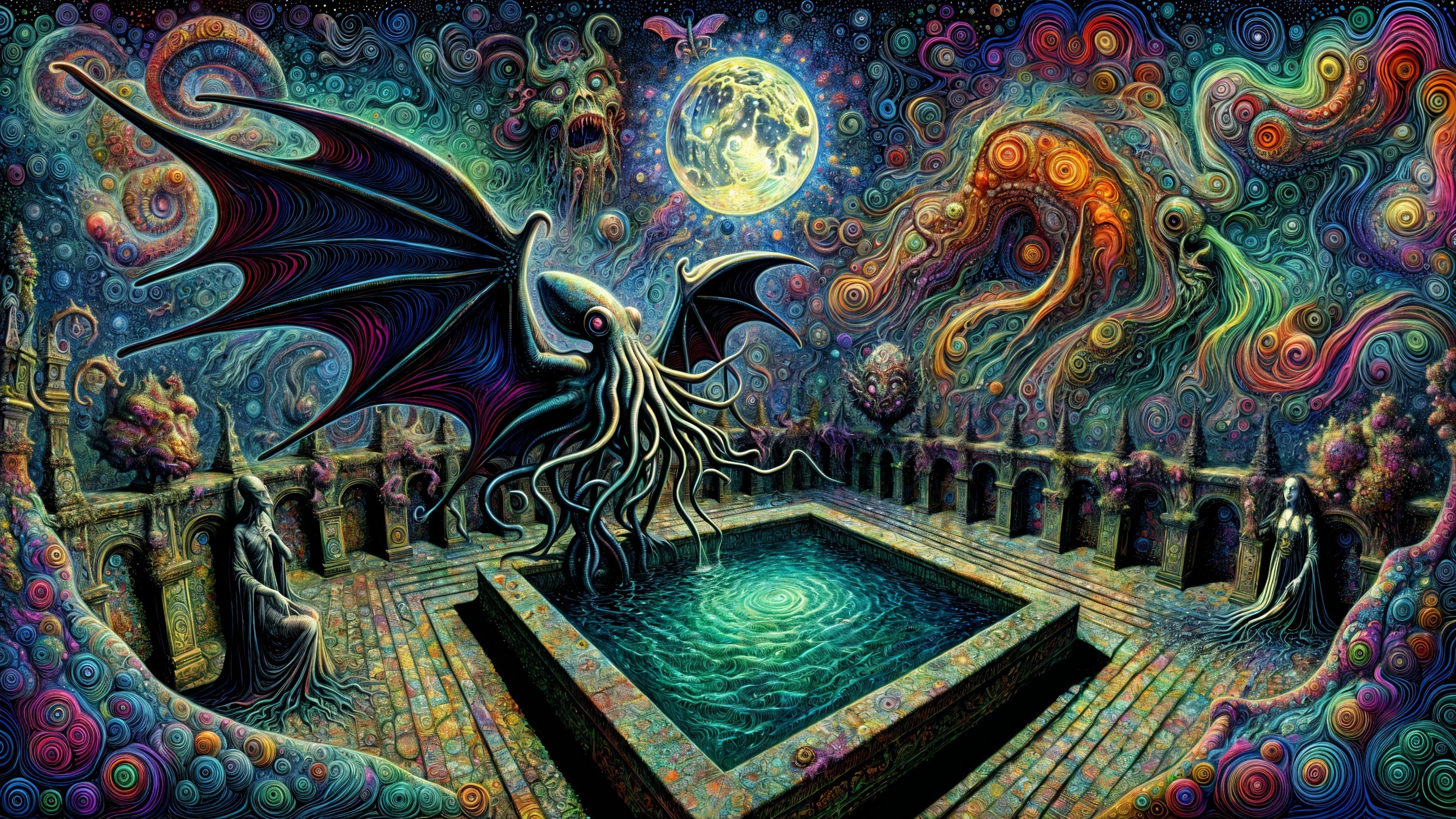 Surreal Landscape with Dark Pool and Monstrous Figure