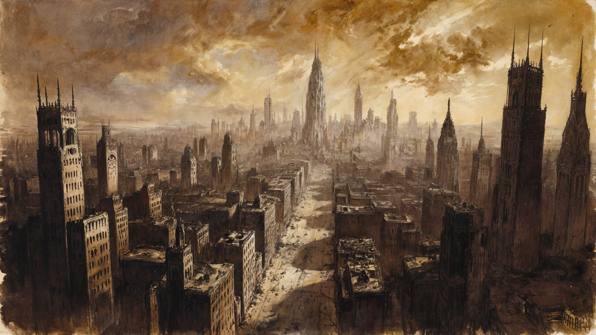 Dystopian Cityscape with Towering Skyscrapers and Clouds