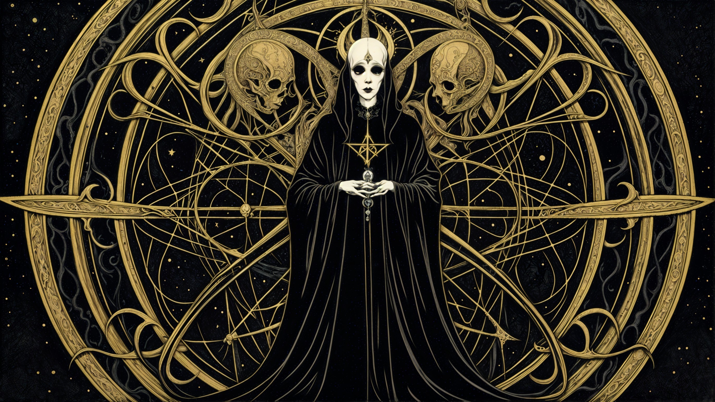 Cloaked Figure Surrounded by Golden Patterns and Skulls